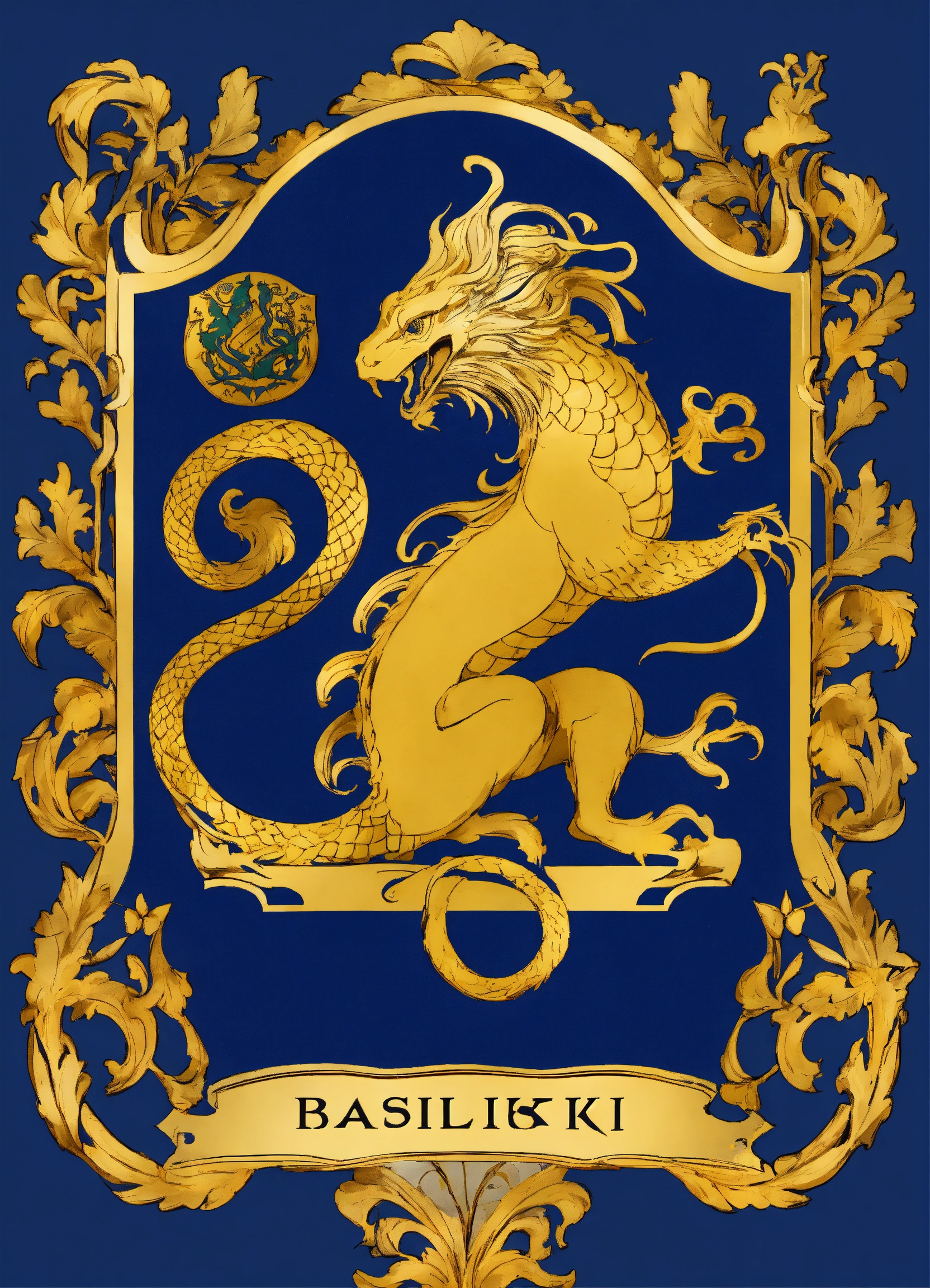 Lexica - Basilisk coat of arms, art nouveau, roccoco, navy blue and gold