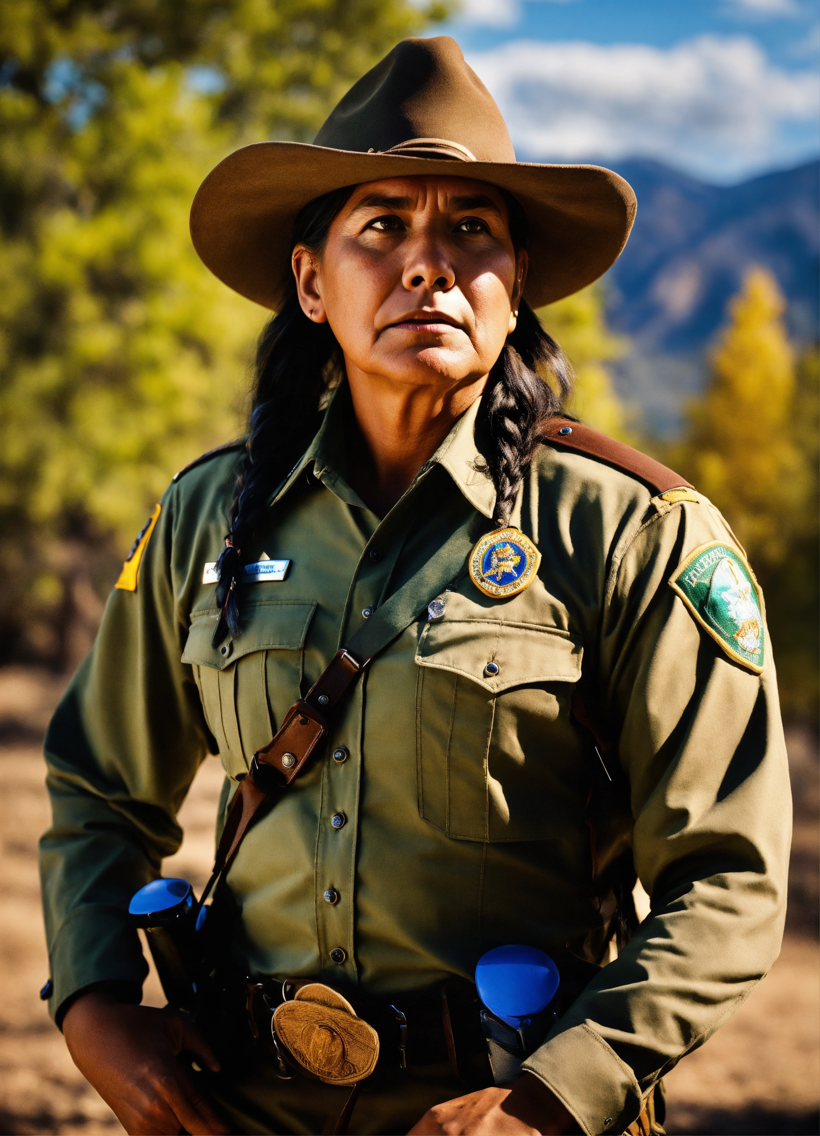 Lexica - Portrait of an native american park ranger scared, realistic ...