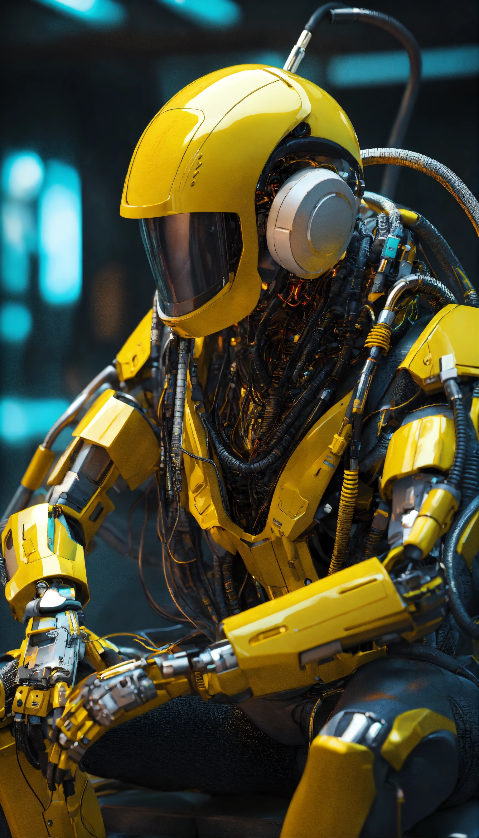 Lexica - Faceless cyberpunk robot with many cables and hoses sitting ...