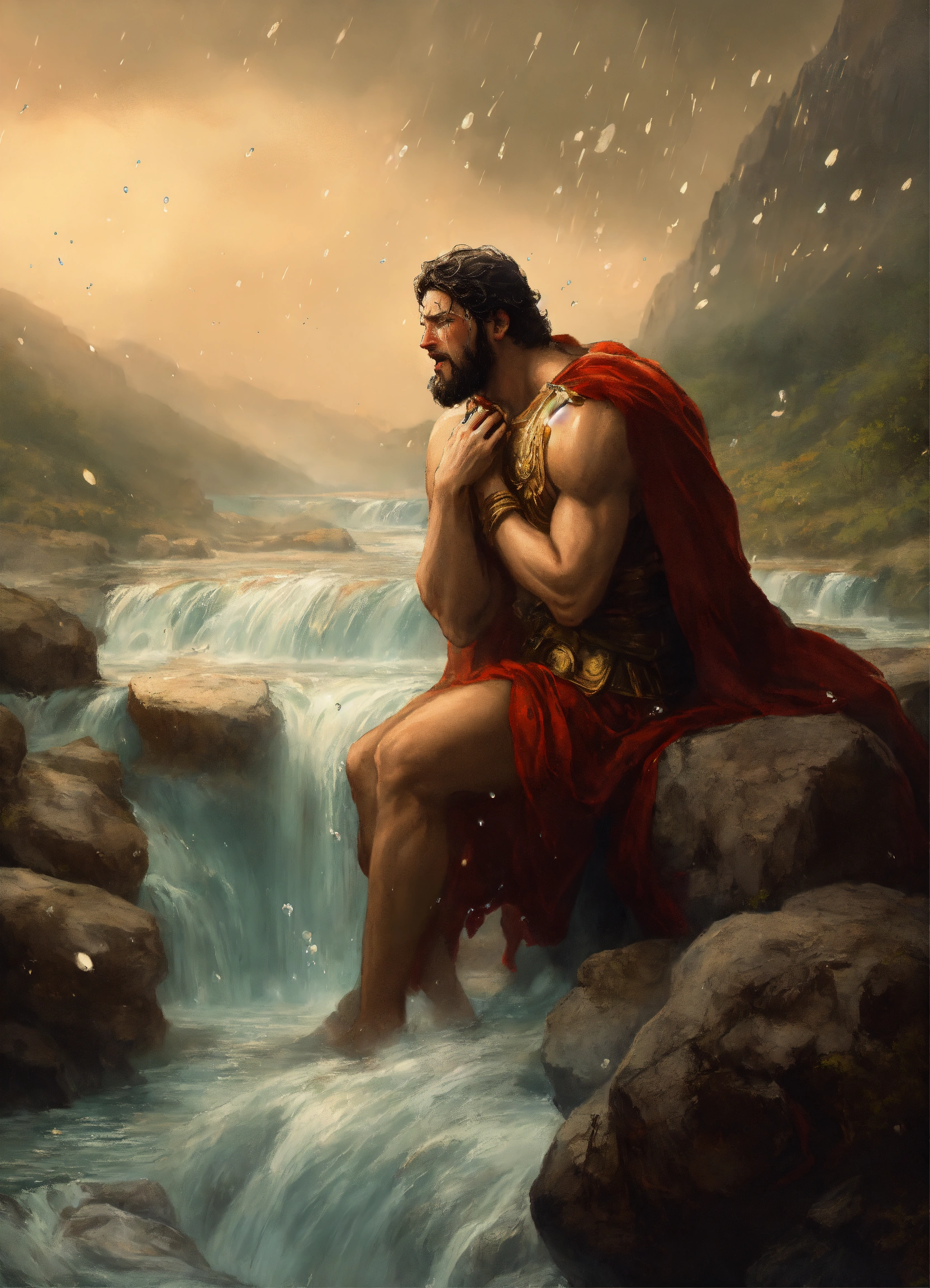 Lexica - Greek god crying, tears falling into a massive and scary river
