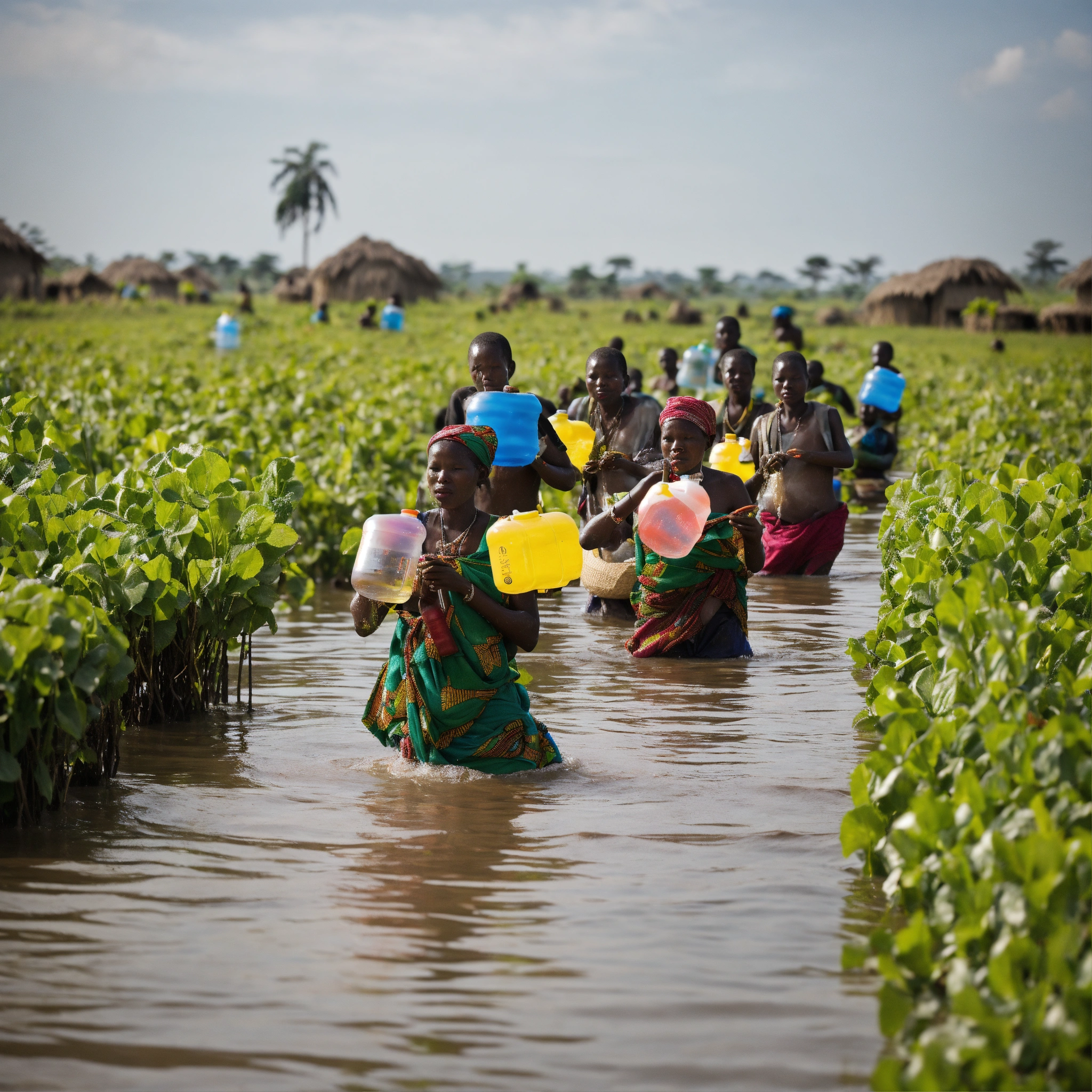 Lexica - African Villagers floating in water using 5l water bottles for ...