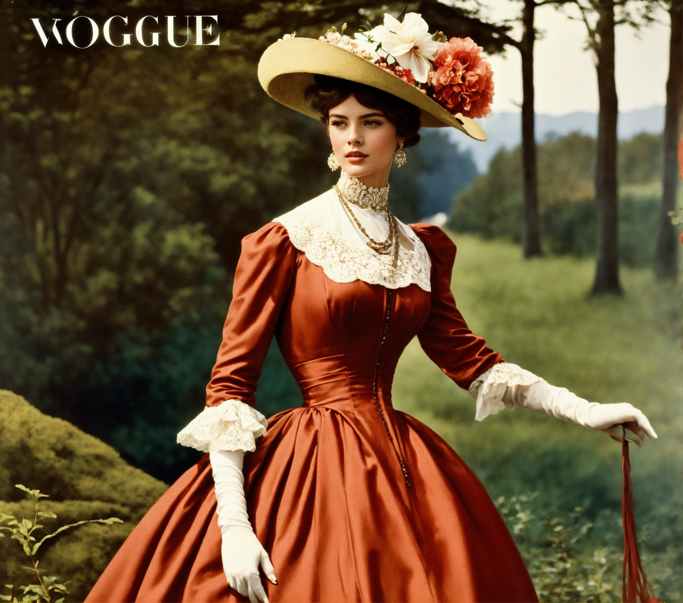 Lexica - Modelo,com vestido de época, 1900, na capa da revista vogue