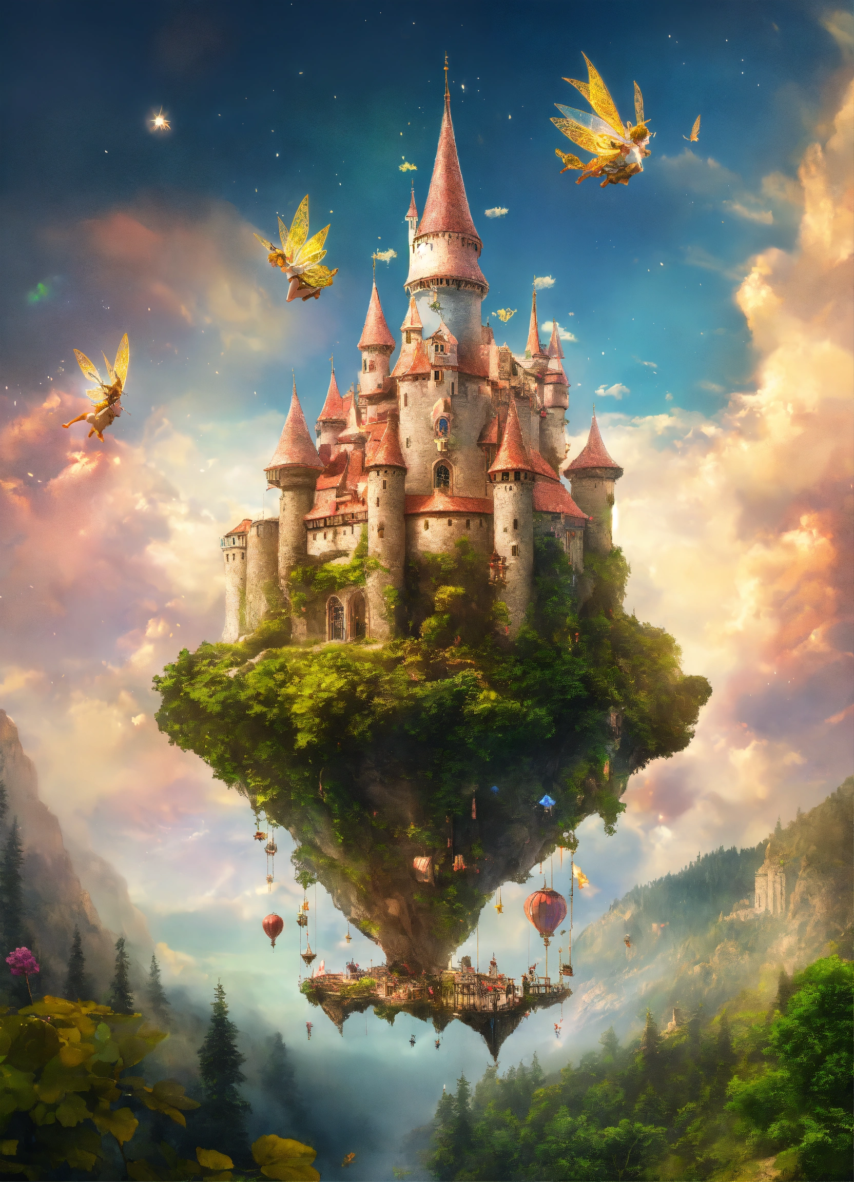 Lexica - Castle floating in a sky with clouds and fairies flying around it