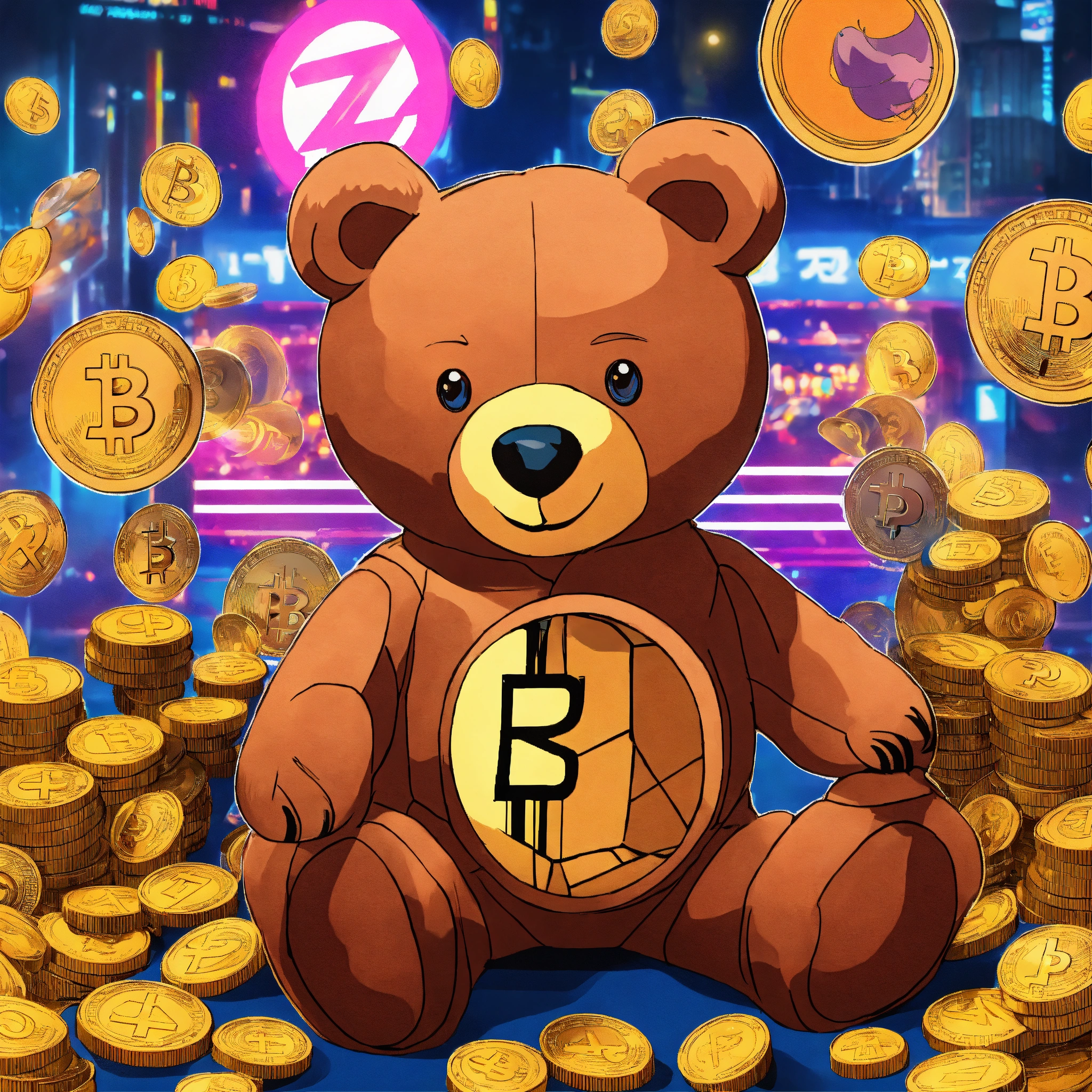 Lexica - Advertising poster of teddy bear , surrounded by cryptocurrency