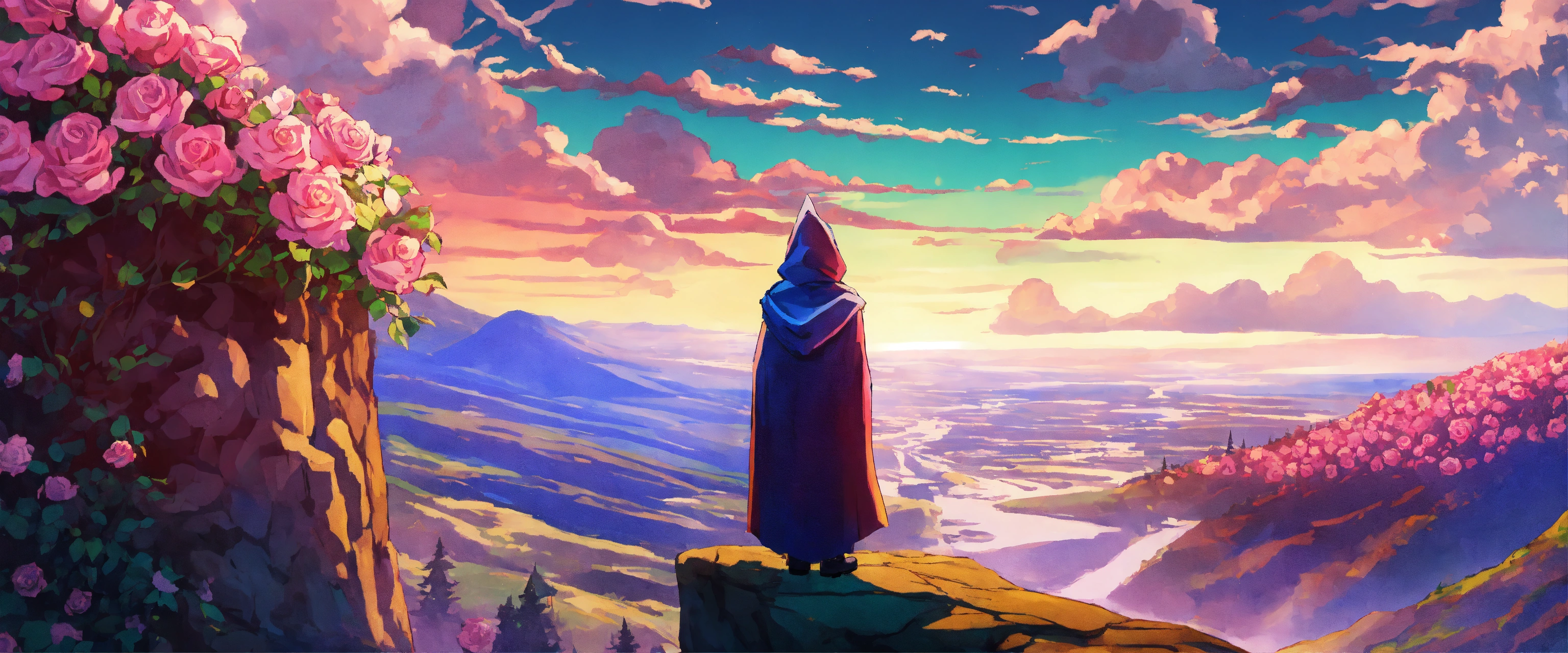 Lexica - Small hooded mage on a cliff gazing over the kingdom of roses ...