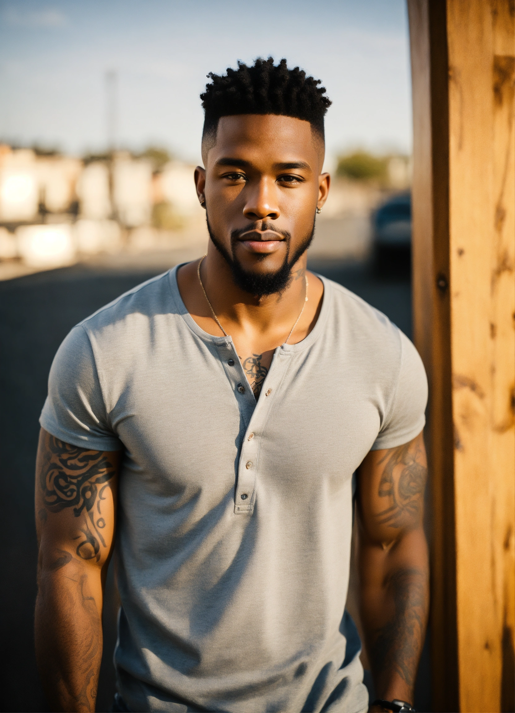 Lexica - Very handsome black male, wearing jeans and Henley, goatee ...