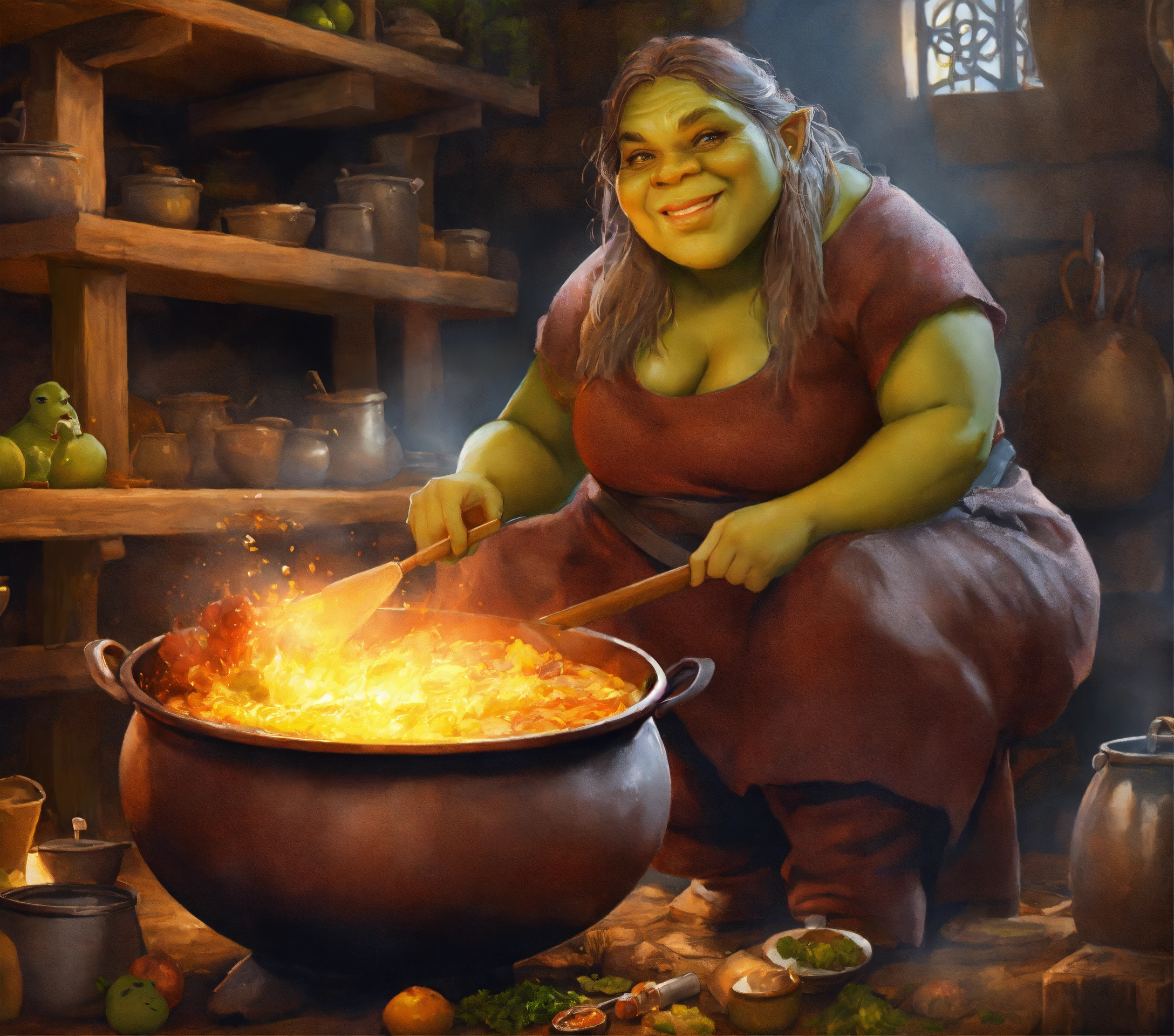 Lexica - Ogre female cooking in a cauldron, digital painting ...