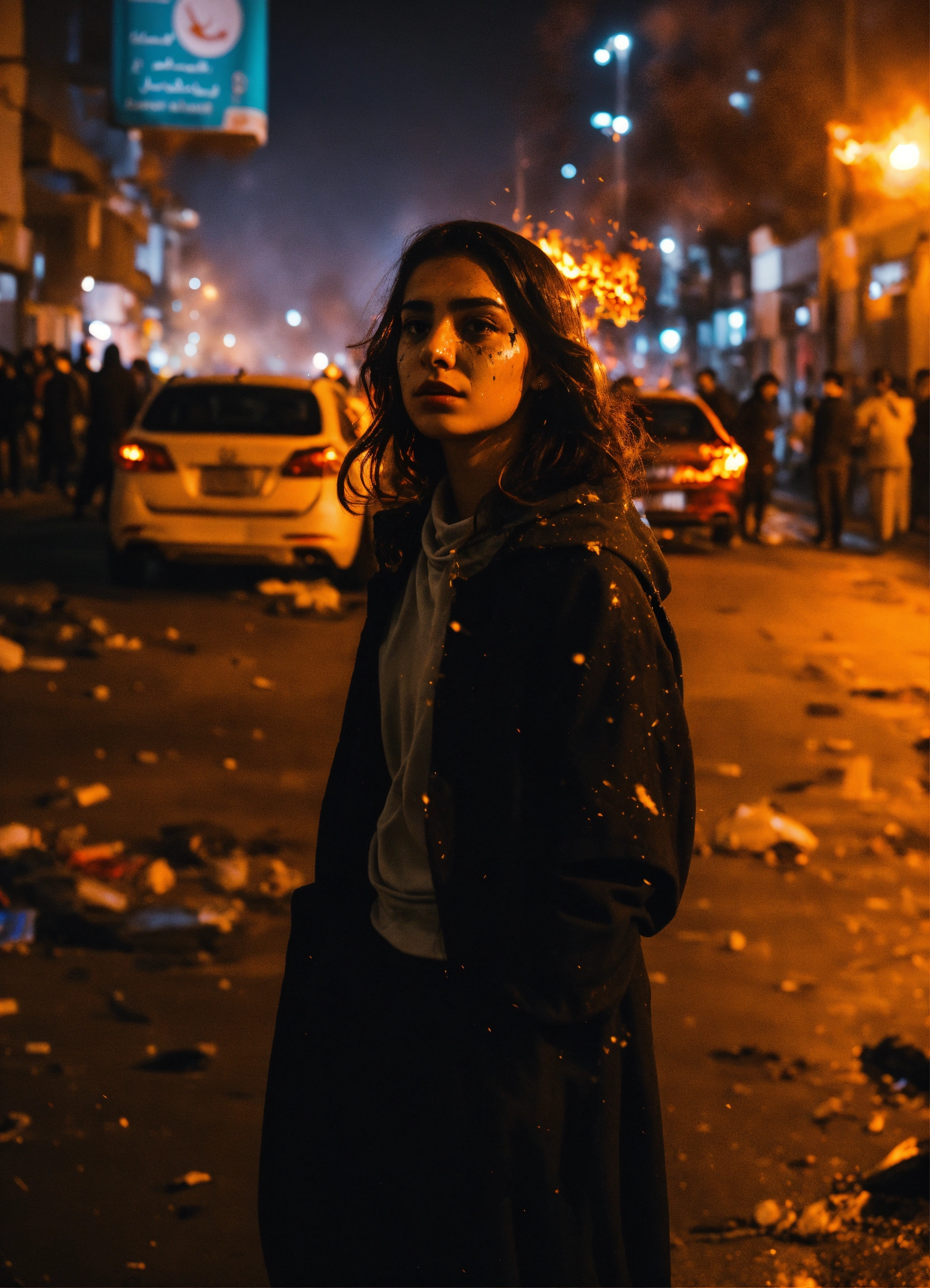 Lexica - Dark aesthetic photo, an Iranian girl amidst a chaotic street ...