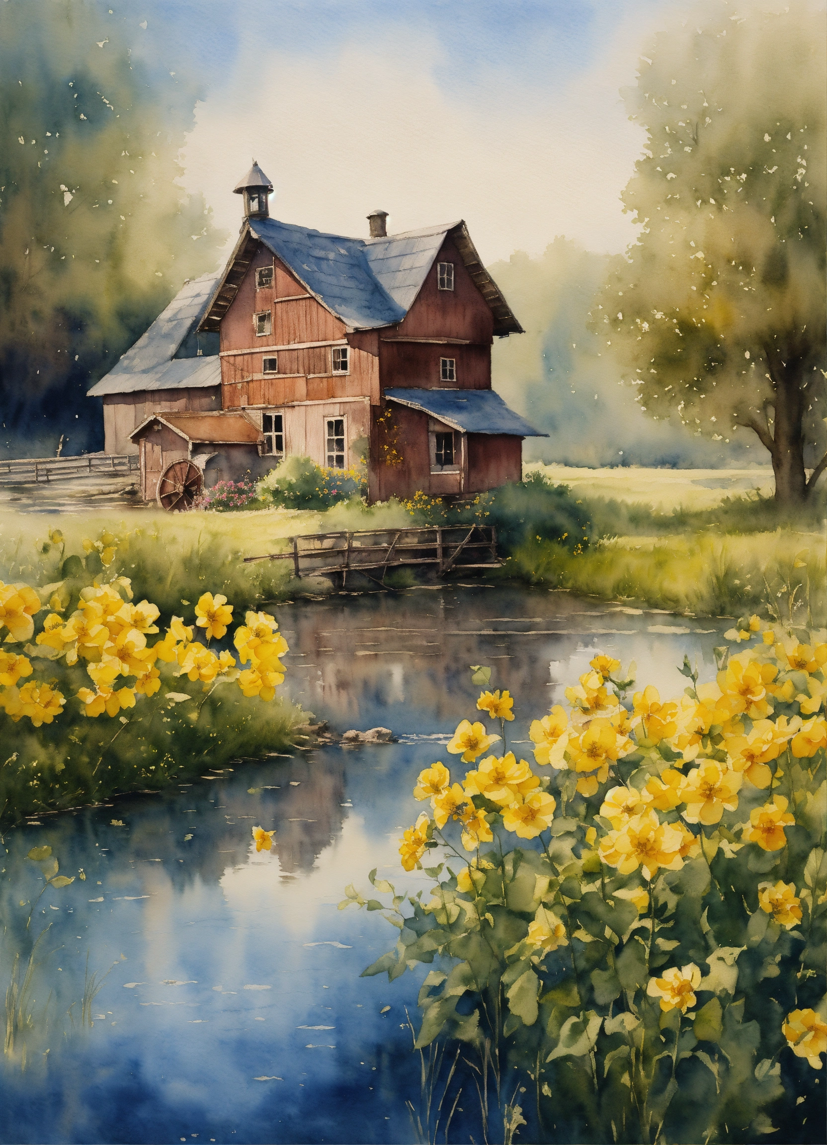 Lexica - Watercolor painting of an Old Farm on a river, blue and yellow ...