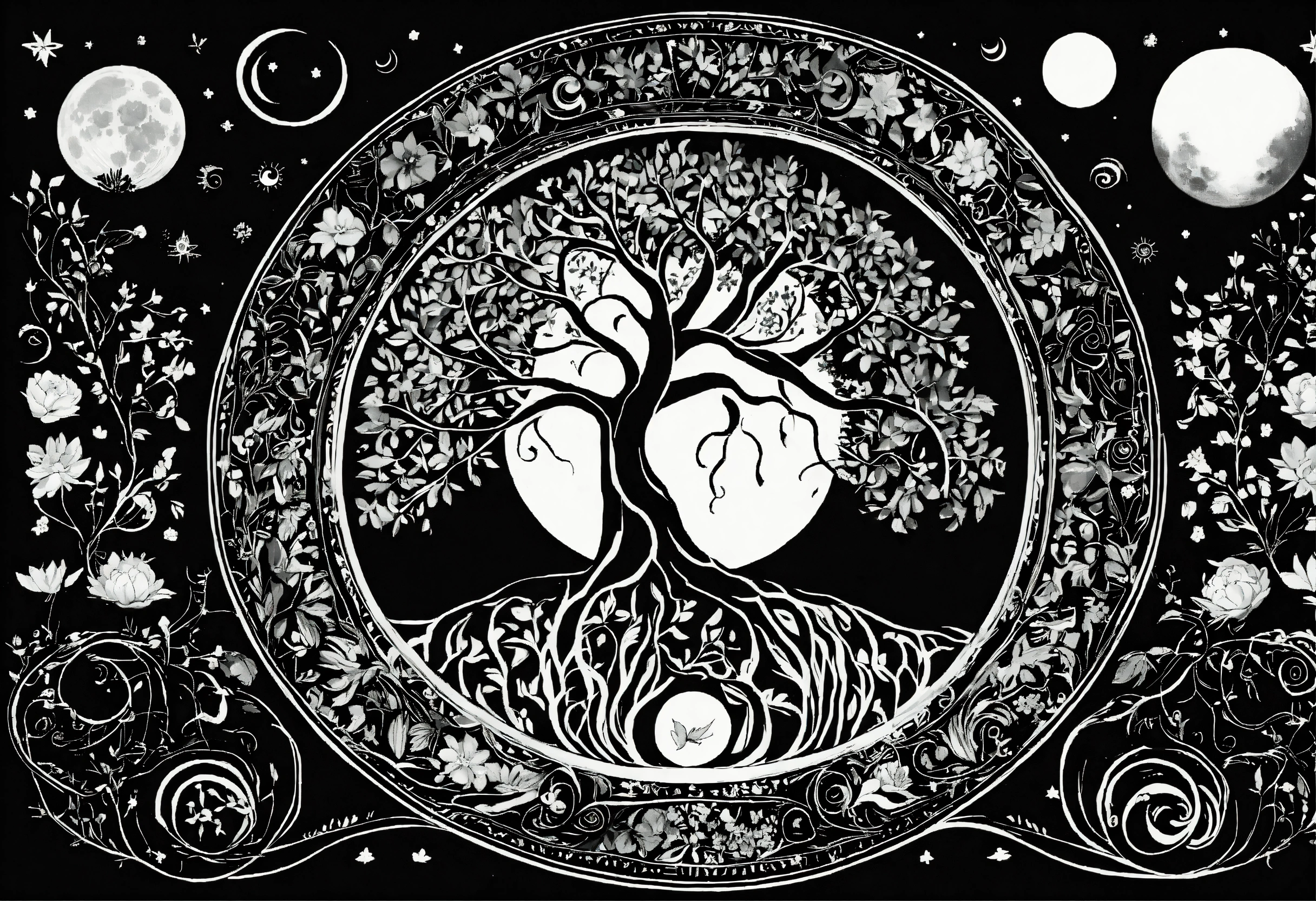 Lexica - Tree of life black and white no leaf with moon sun and stars