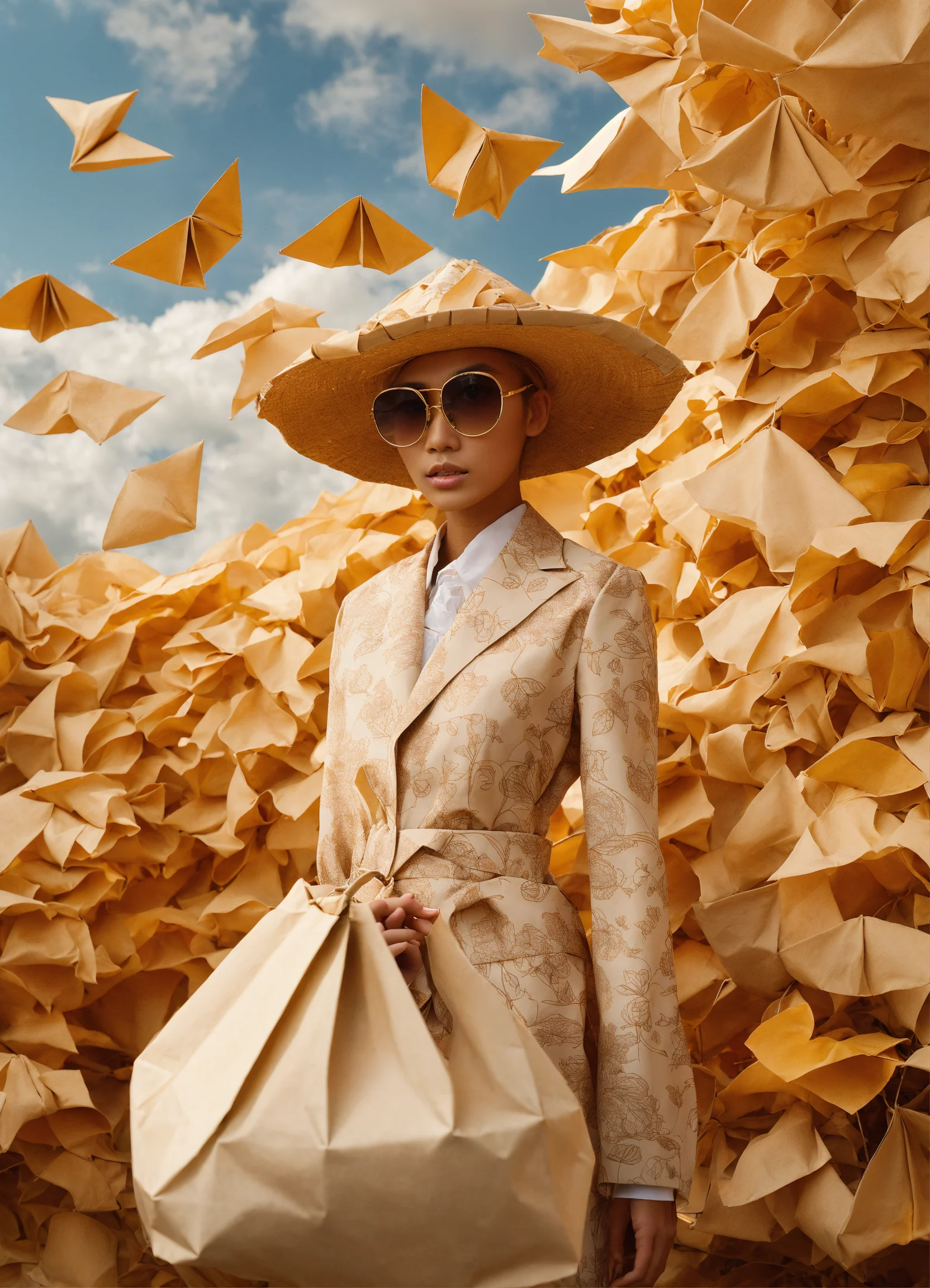 Lexica Paper bag clouds and brown origami birds in the sky. Albino