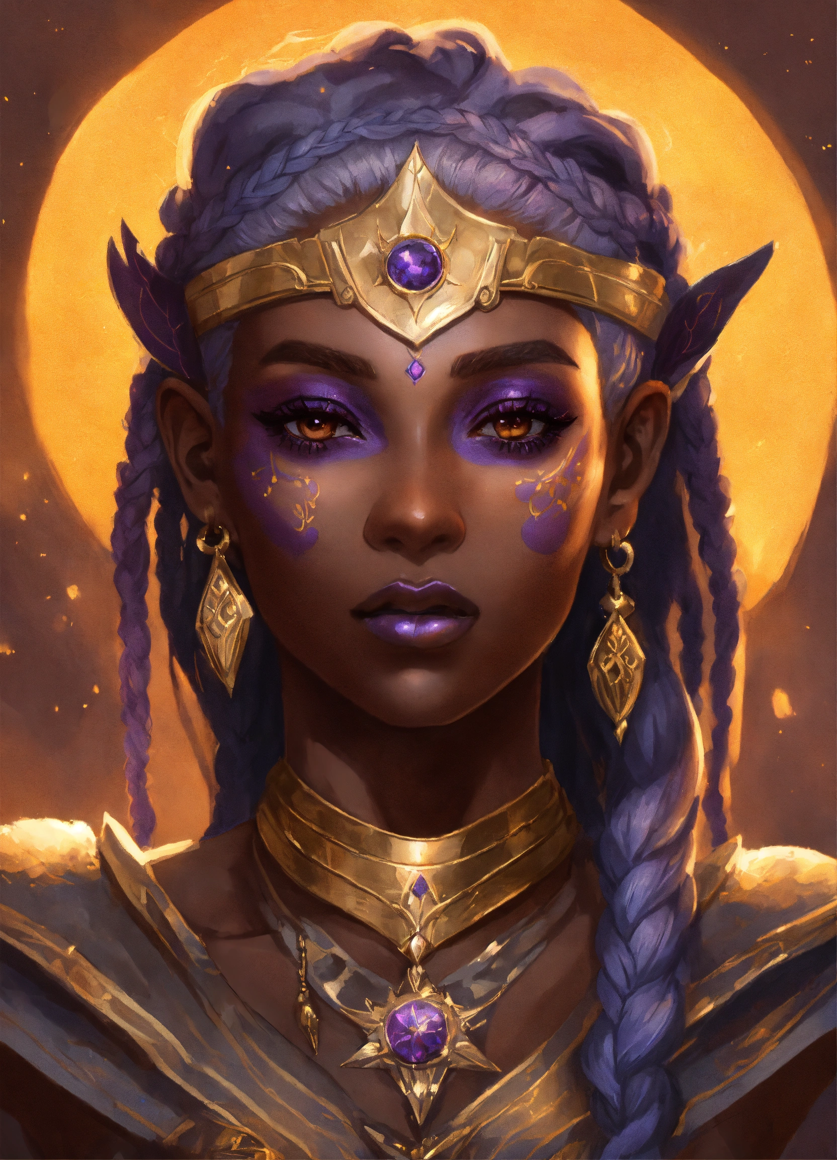 Lexica A Beautiful Drow Woman In Sun Themed Armor She Has Black Braids And Dark Gray Skin