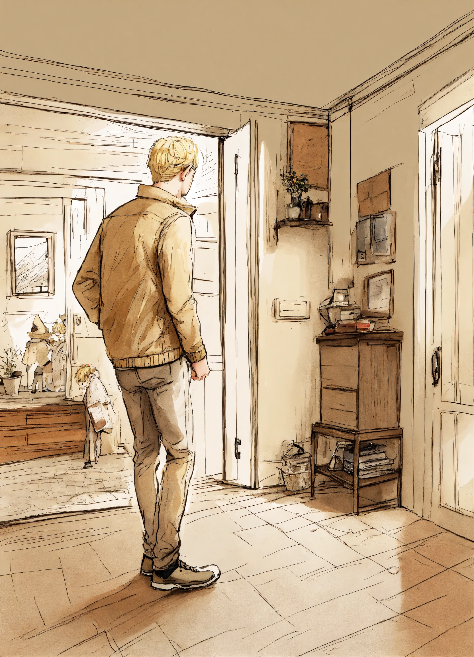 Lexica - A blond man coming home to his family house after being away a ...