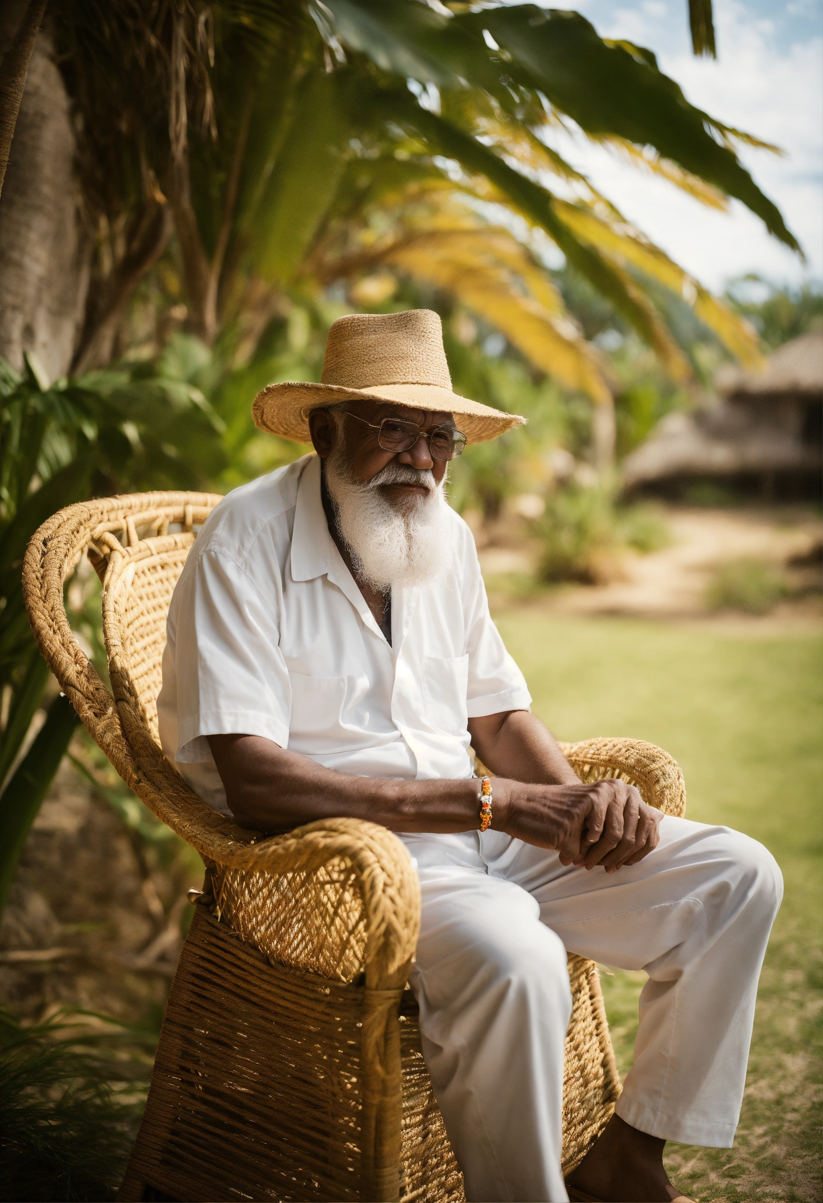 Lexica A wise old man with white beard and bakoua hat in a tropical setting sitting on a straw chair shot on Hasselblad shadowplay medium shot