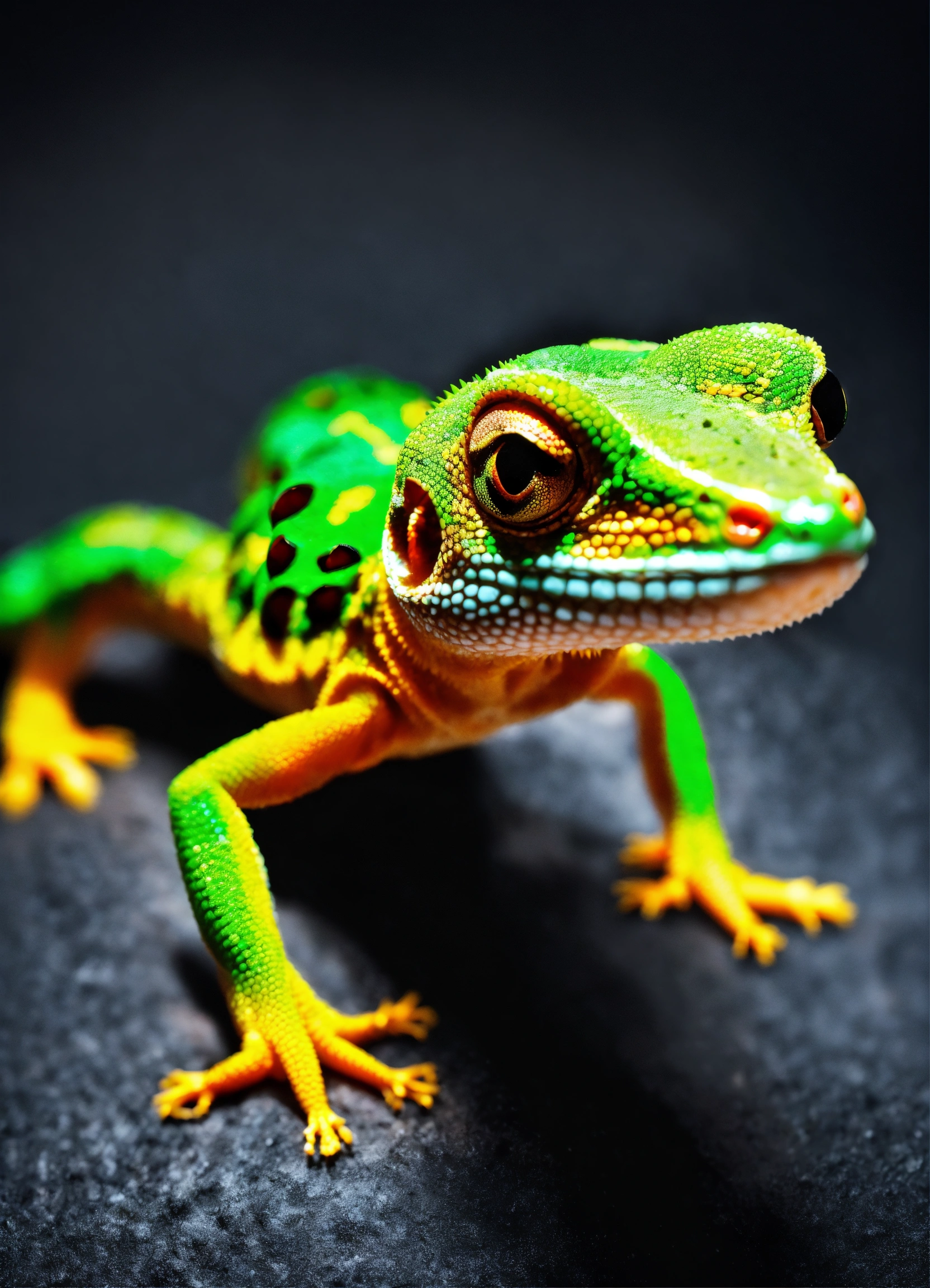 Lexica - Gecko crawling from above black background photo realistic