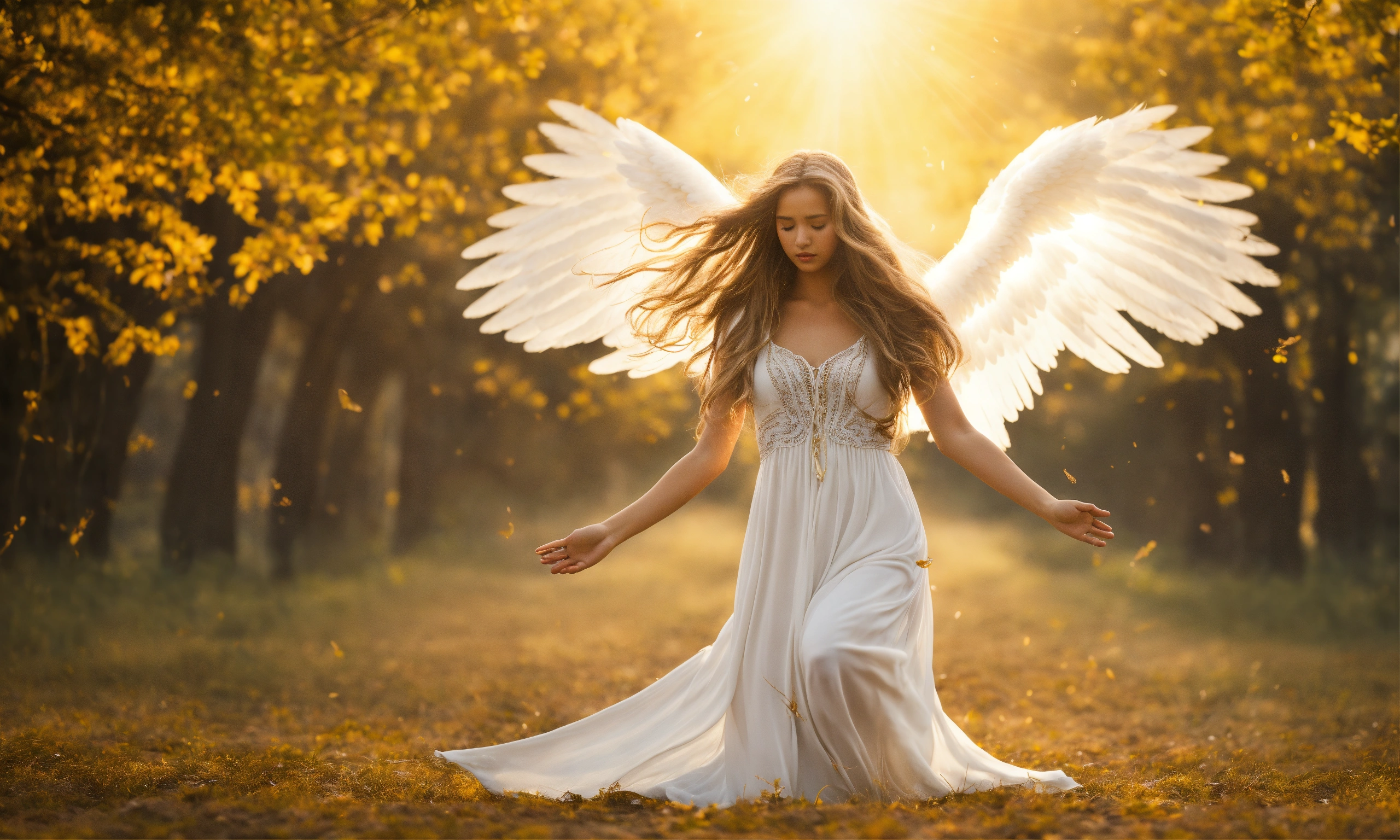 Lexica - A female angel, long hair with breezy white dress hovering mid air  with praying hands