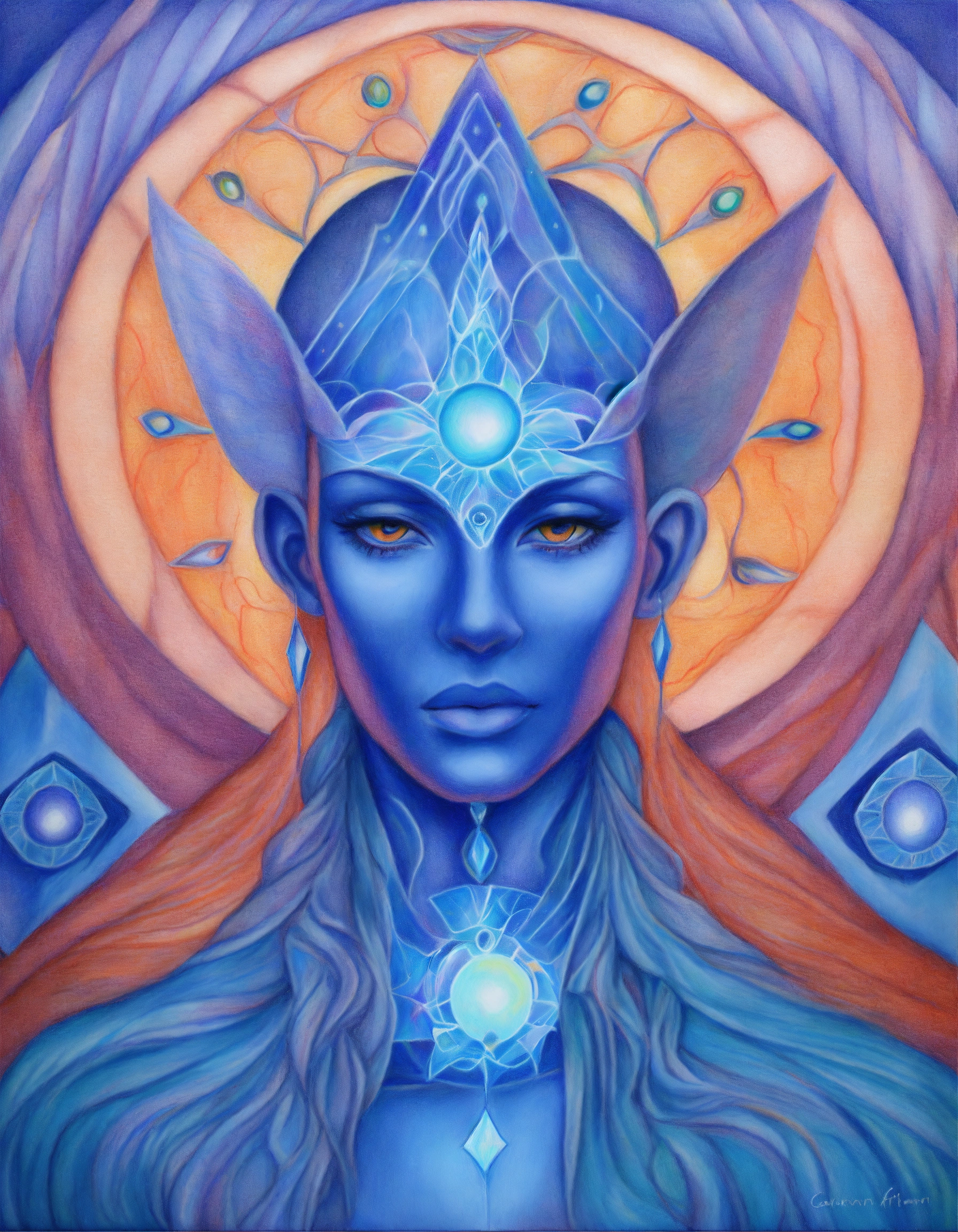 Lexica - Colored pencil drawing bluish Arcturian spiritual mentor