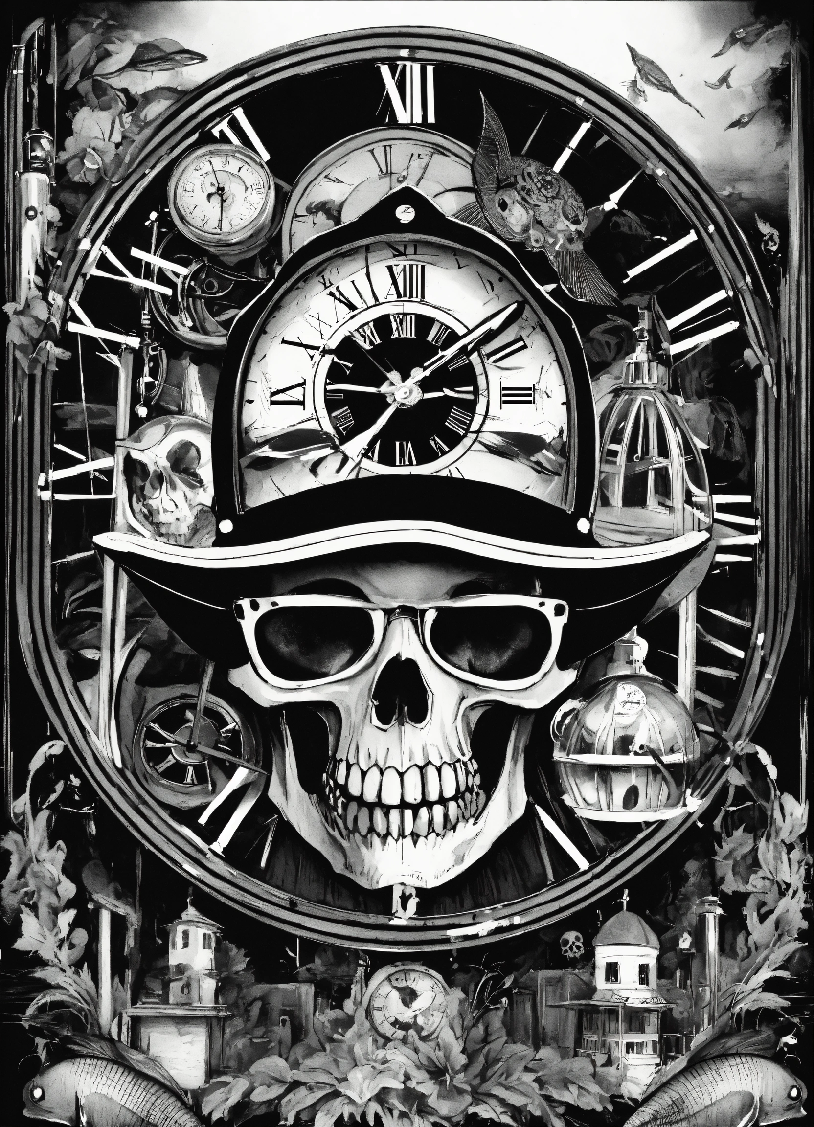 Lexica - Mafia fisch doctor clock skull magie trip monochrom