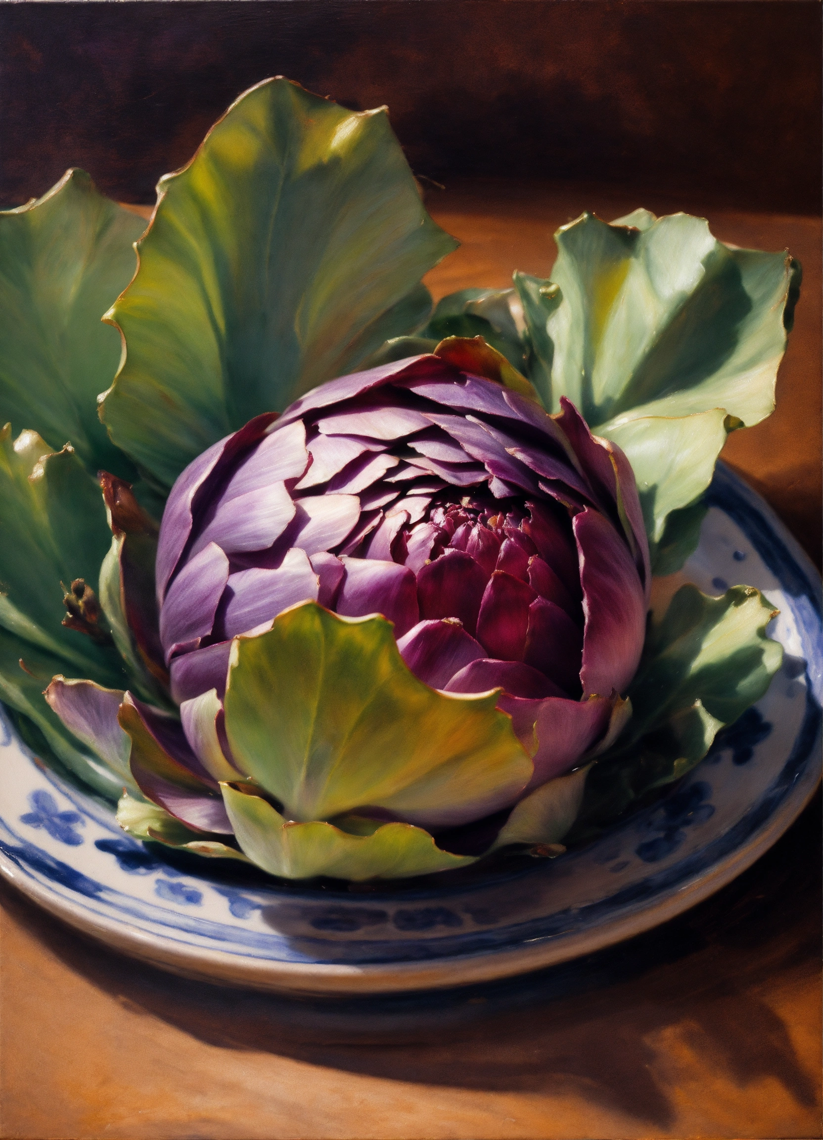 Lexica - Oil painting of purple and green artichoke on a plate, in the ...