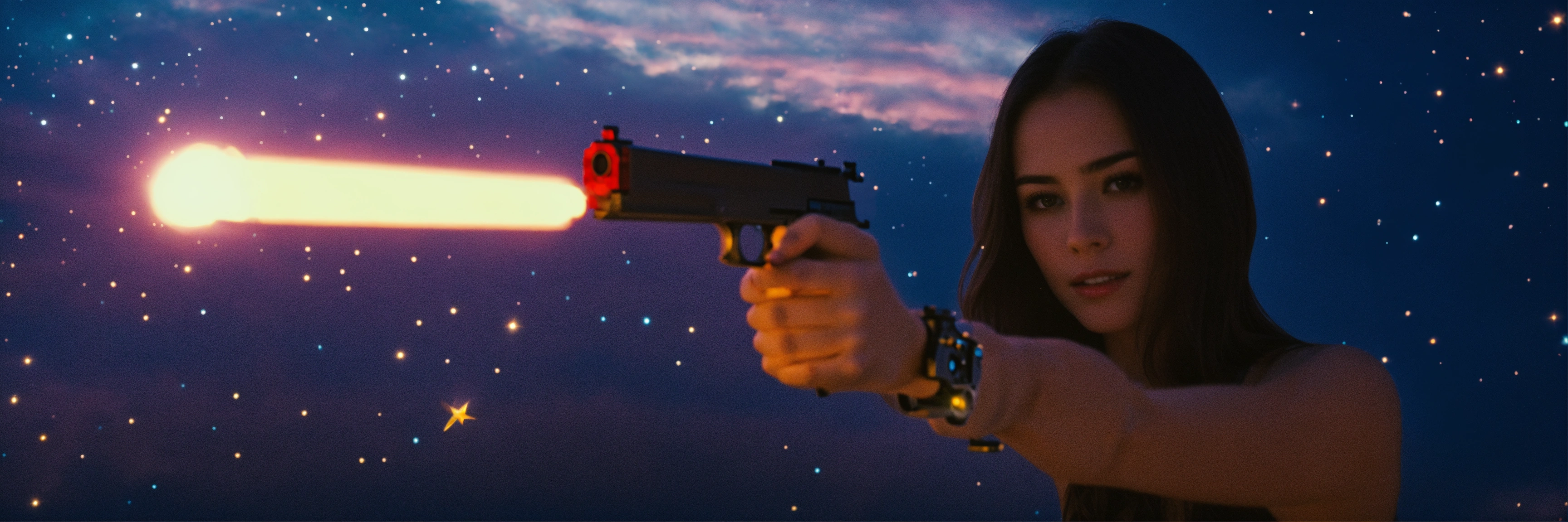 Lexica - Woman holding a pistol in front of a star-filled sky