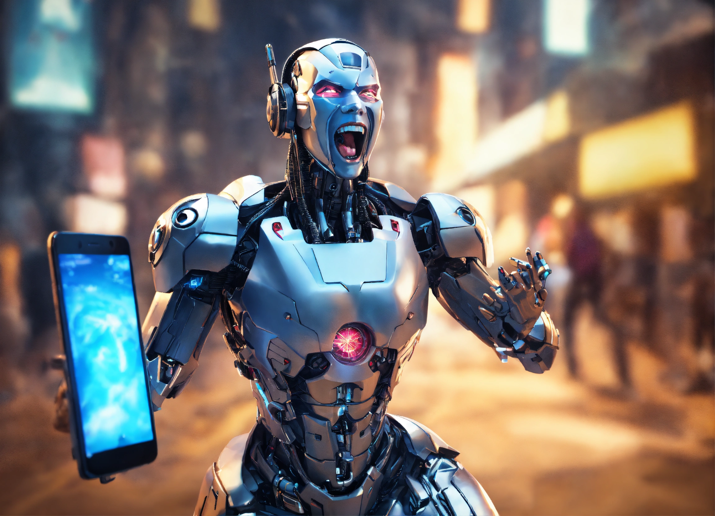 Lexica - Cyborg, 3d, come out of cellphone screen, happy, screaming