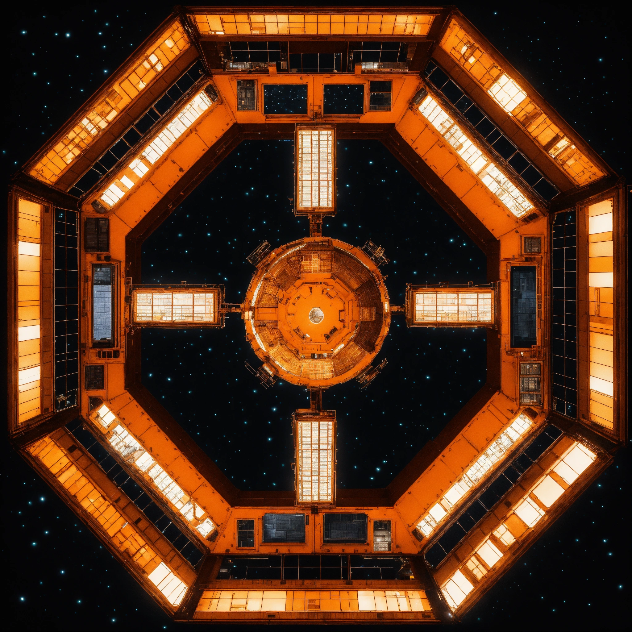 Lexica - Entire giant orange space station in dark space from top with ...