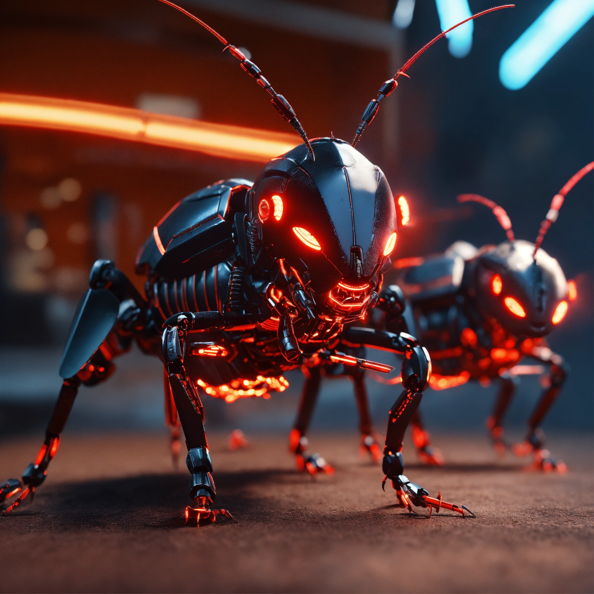 Lexica - Zoom out shot of group of 3 cockroach faced black robotic ...