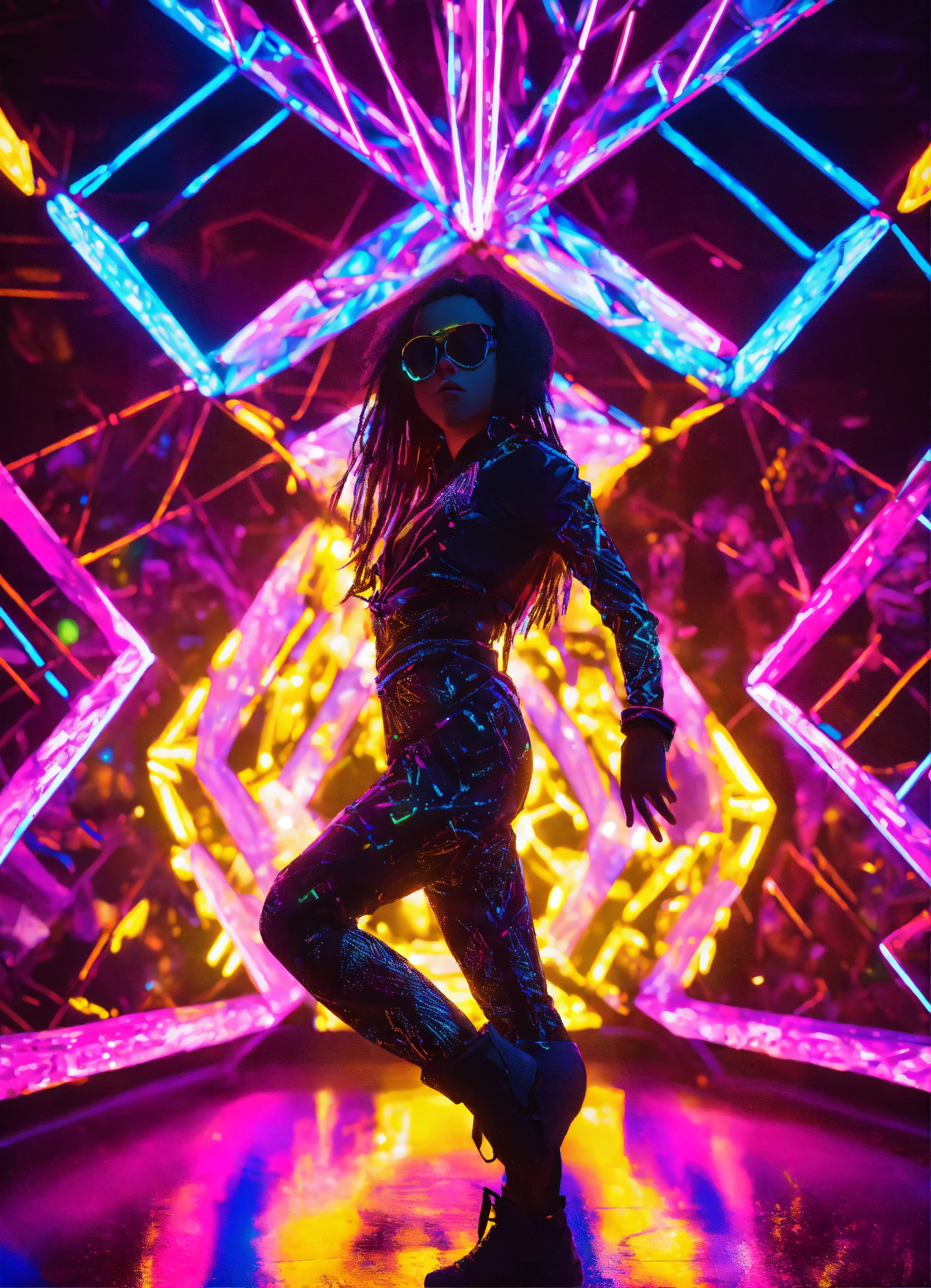 Lexica - Cyber Raver dancing in diamond and shimmer black neon light ...
