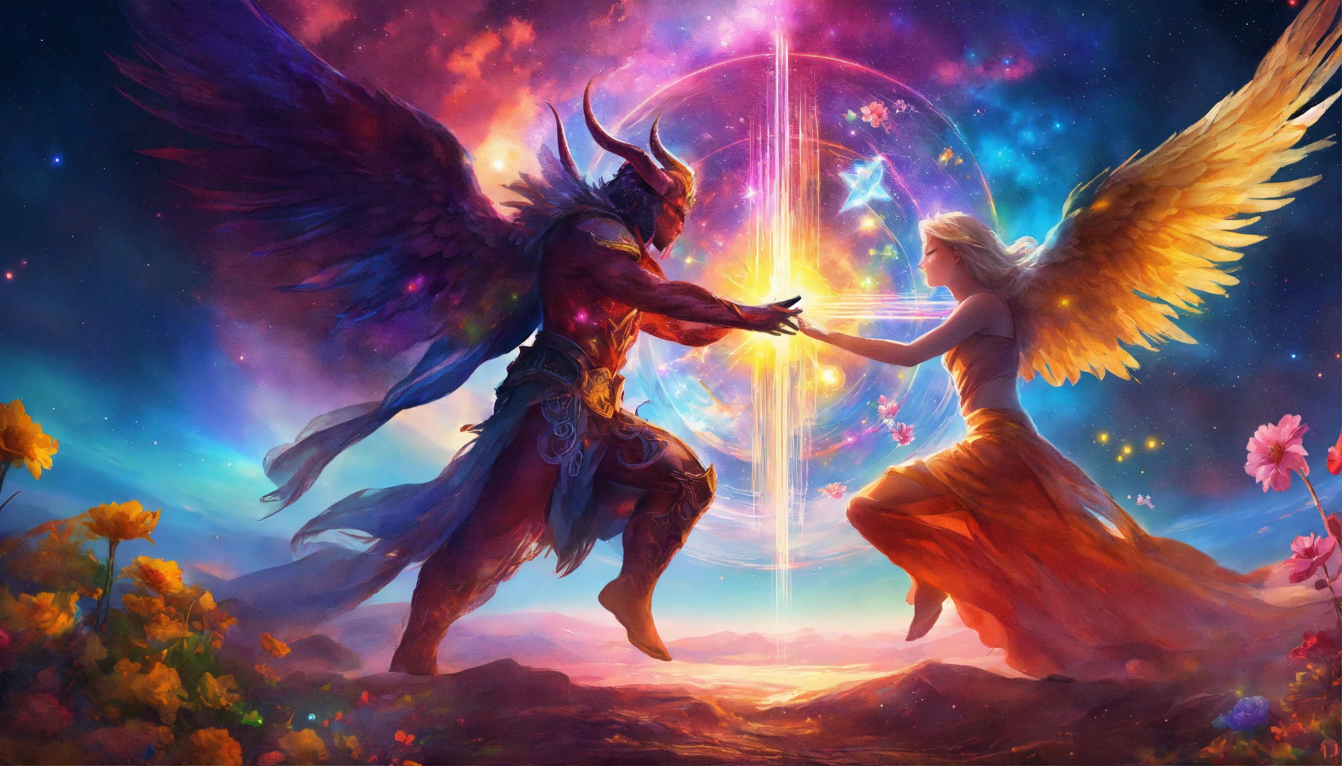 Lexica - Digital painting of a demon and an angel fighting, in space ...