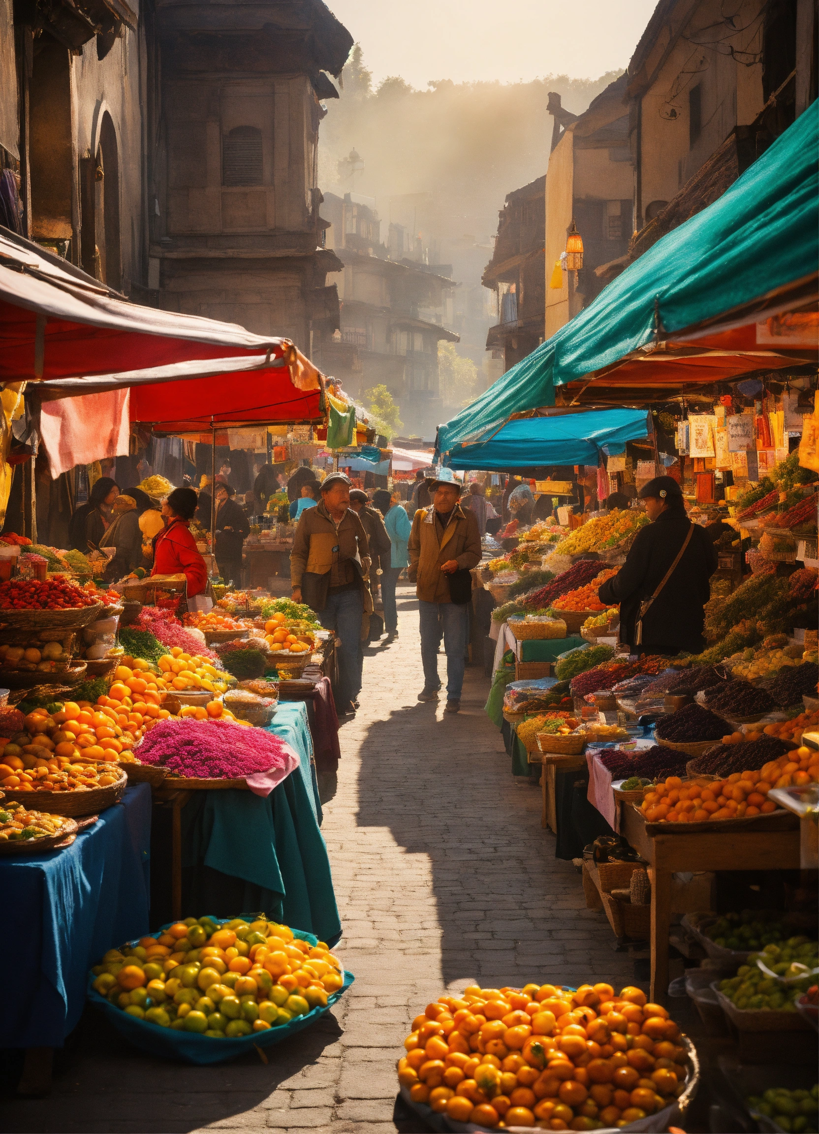 Lexica - A lively street market with colorful stalls, vendors, and ...