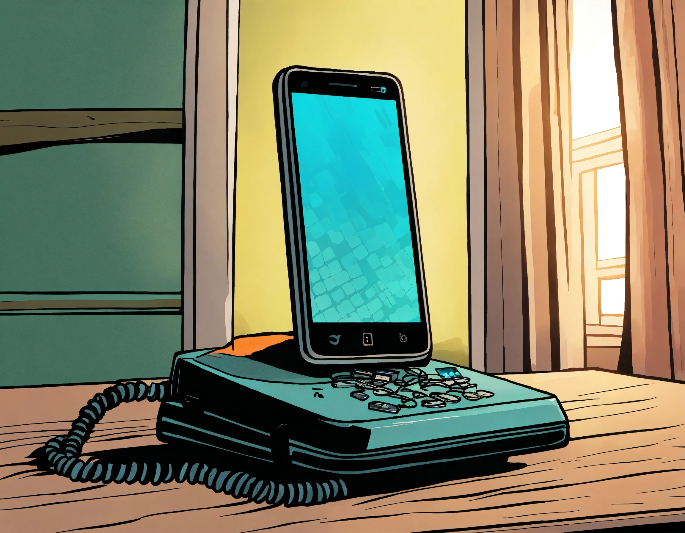 Lexica - Smartphone is lying on a table and ringing. comic style