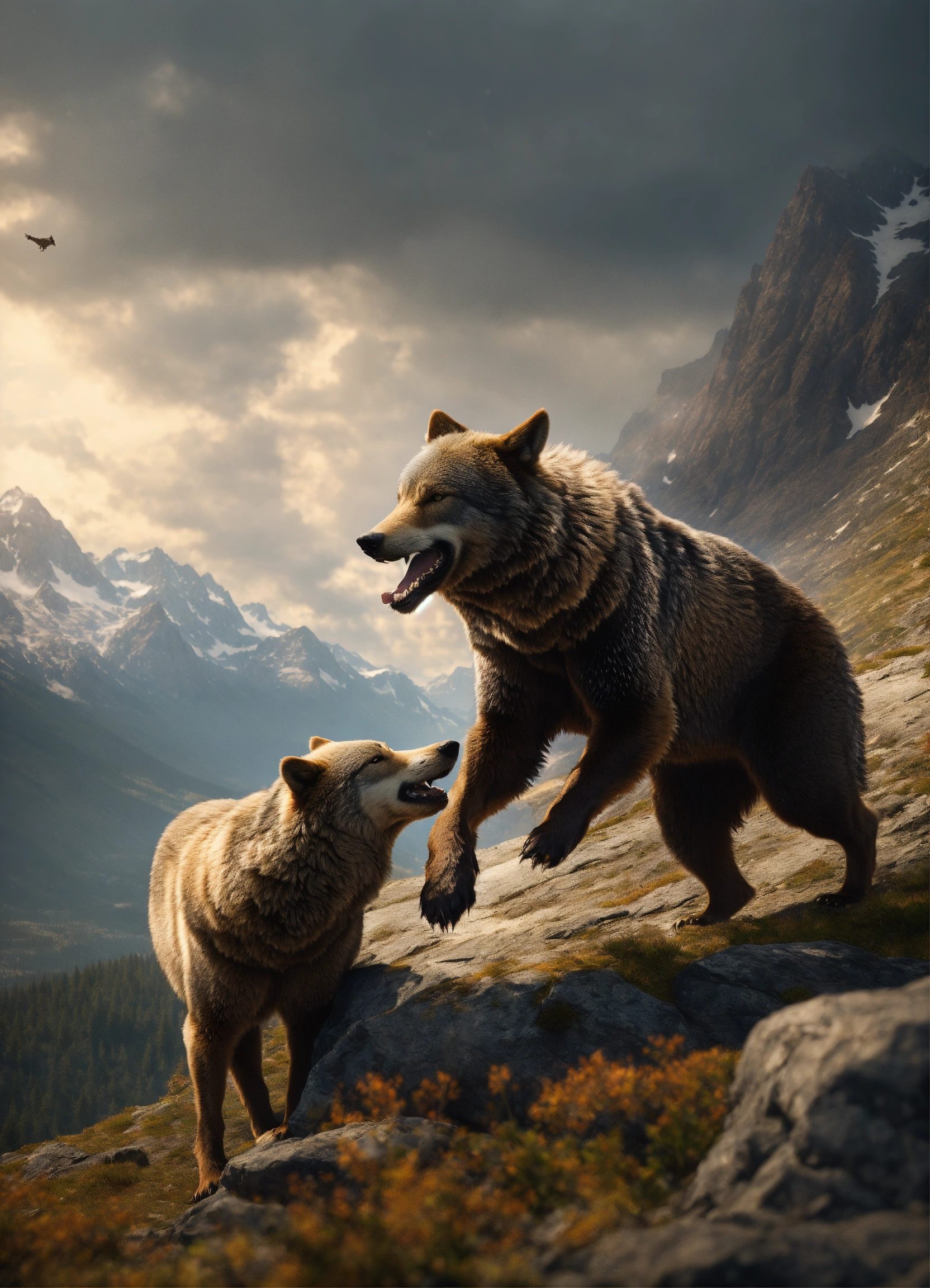 Lexica - A realistic Wolf fighting a bear in a Mountain, 8k