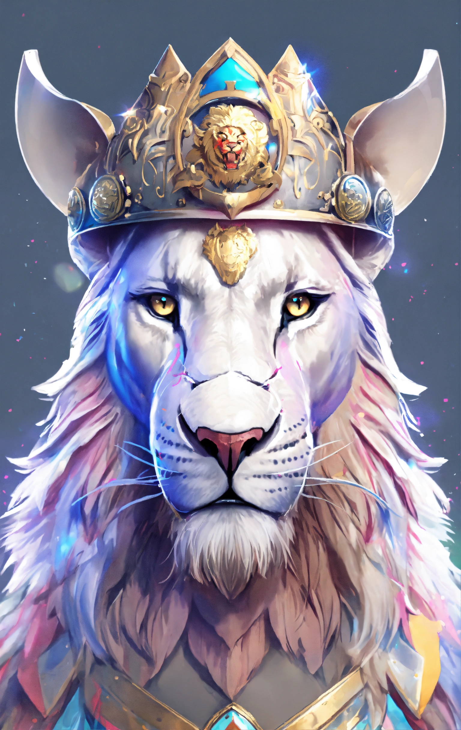 Lexica - Lion, in a medieval helmet, with multi-colored eyes
