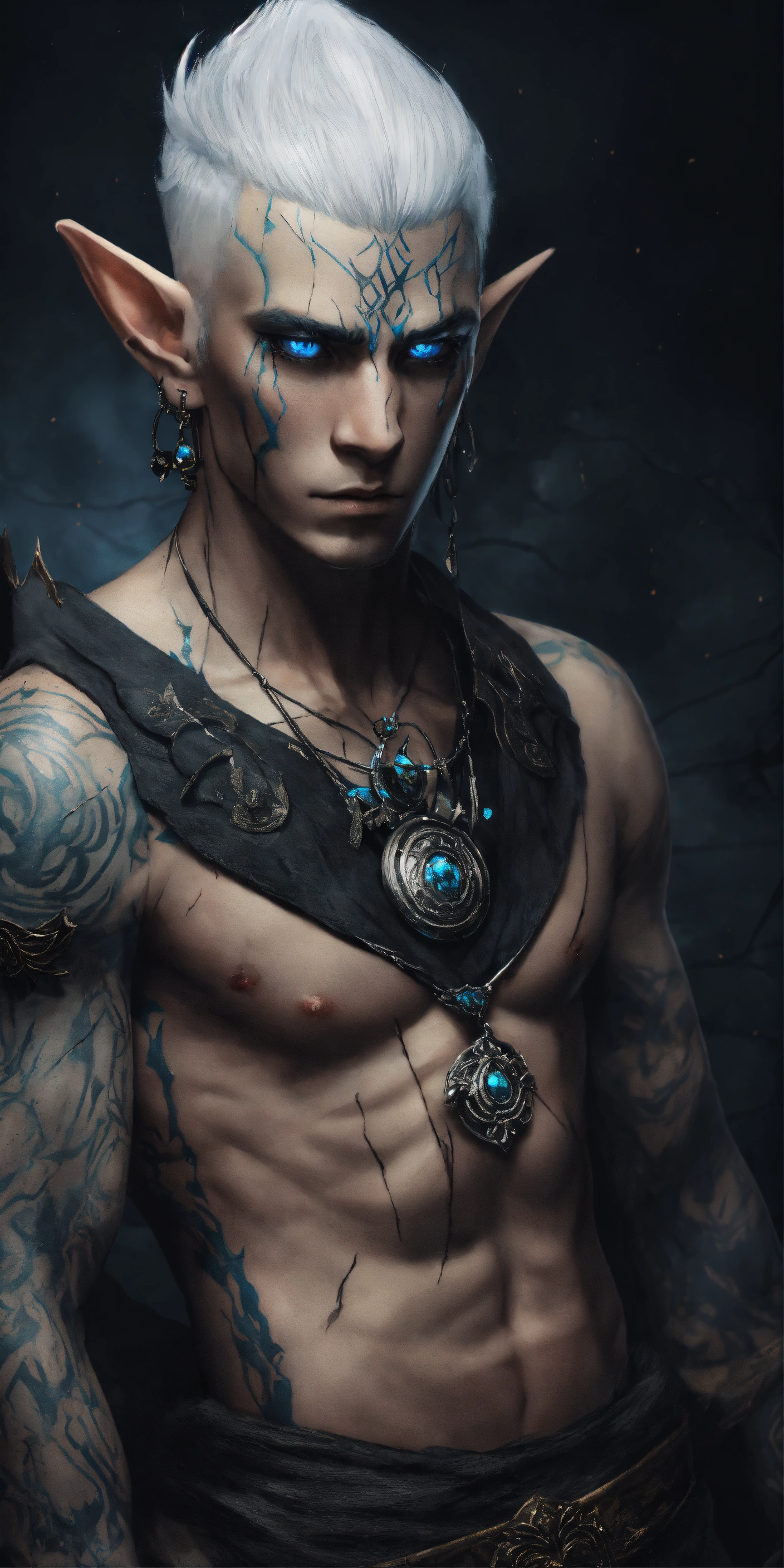 Lexica - Fantasy torso shot of a tatooed male elf, sickly thin, gaunt ...