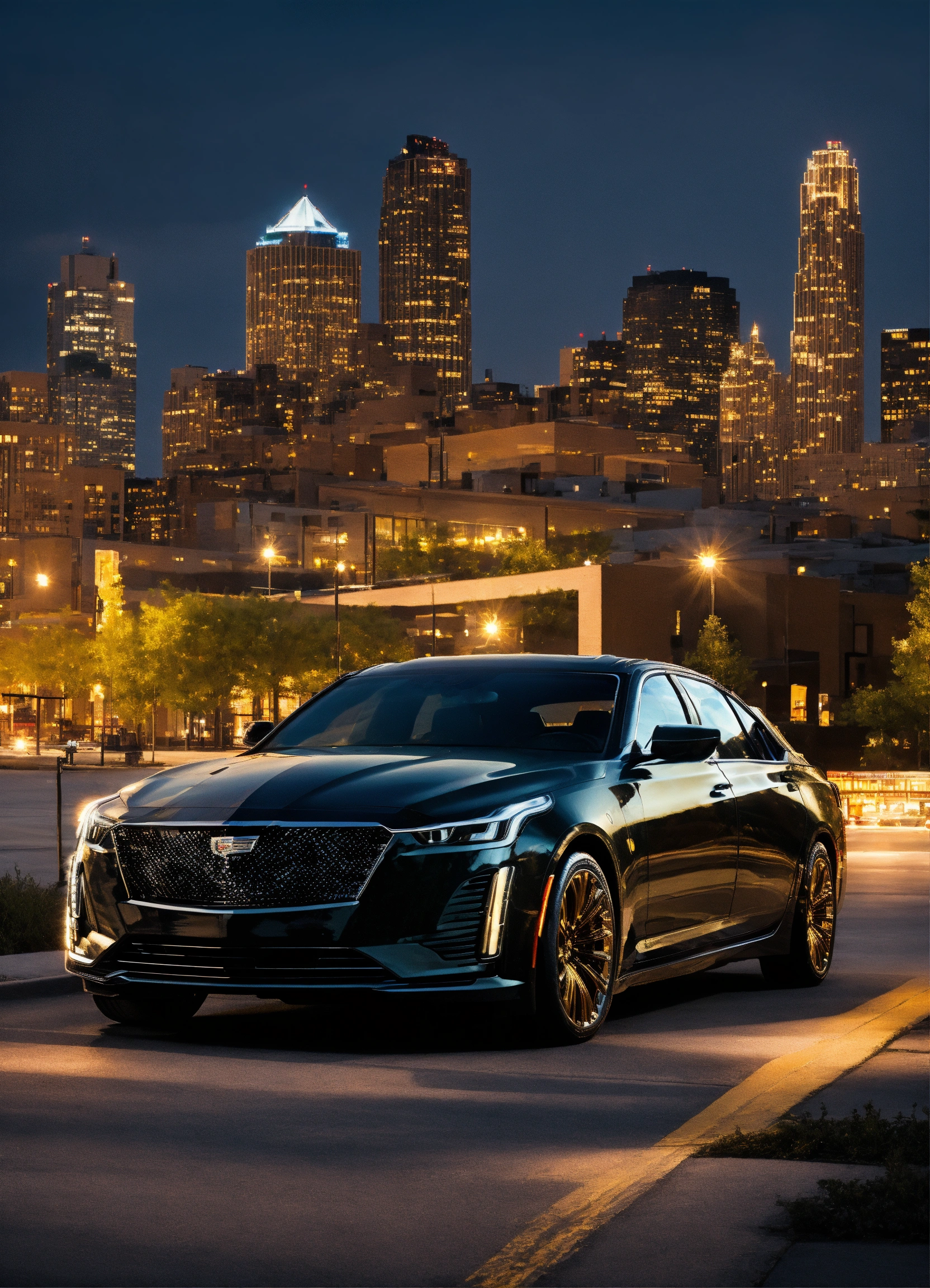 Lexica - 2023 Cadillac ct5 black and Gold with downtown landscape and ...