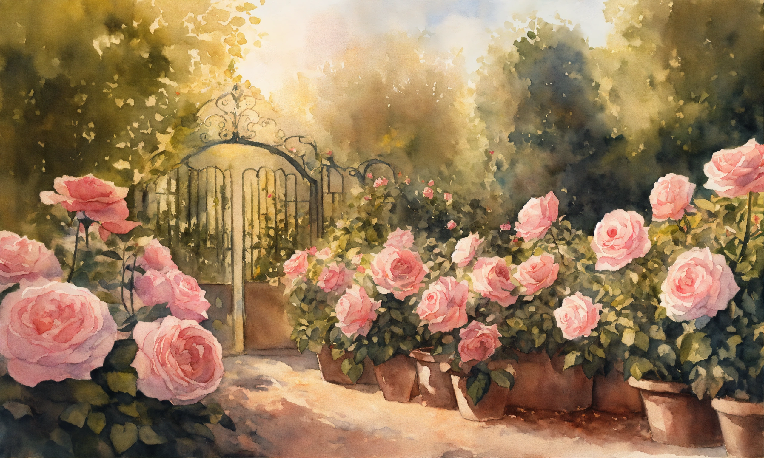 Lexica - Watercolour painting, French rose garden, warm light ...