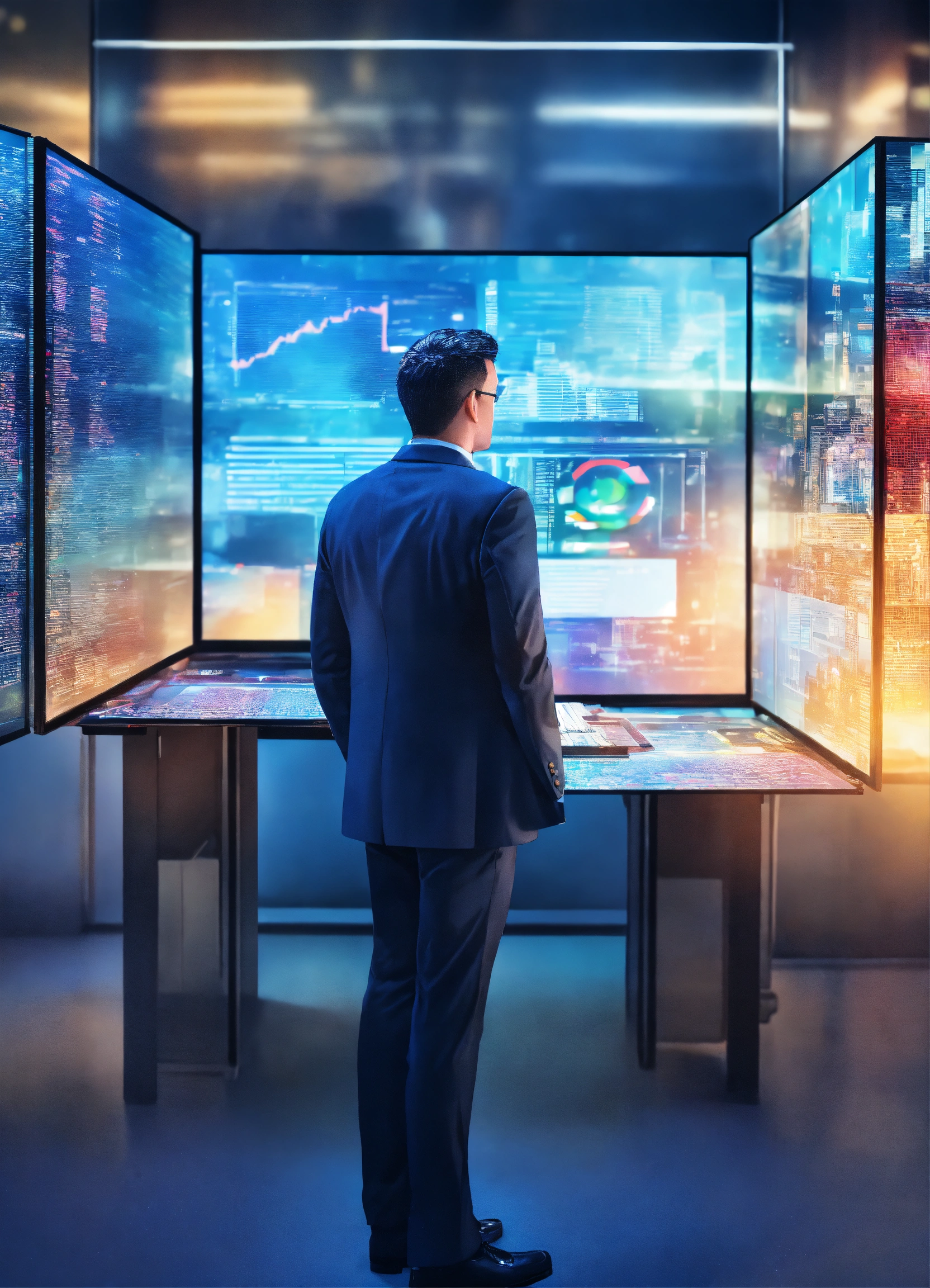Lexica - A vibrant image depicts a businessman, defocus, standing ...