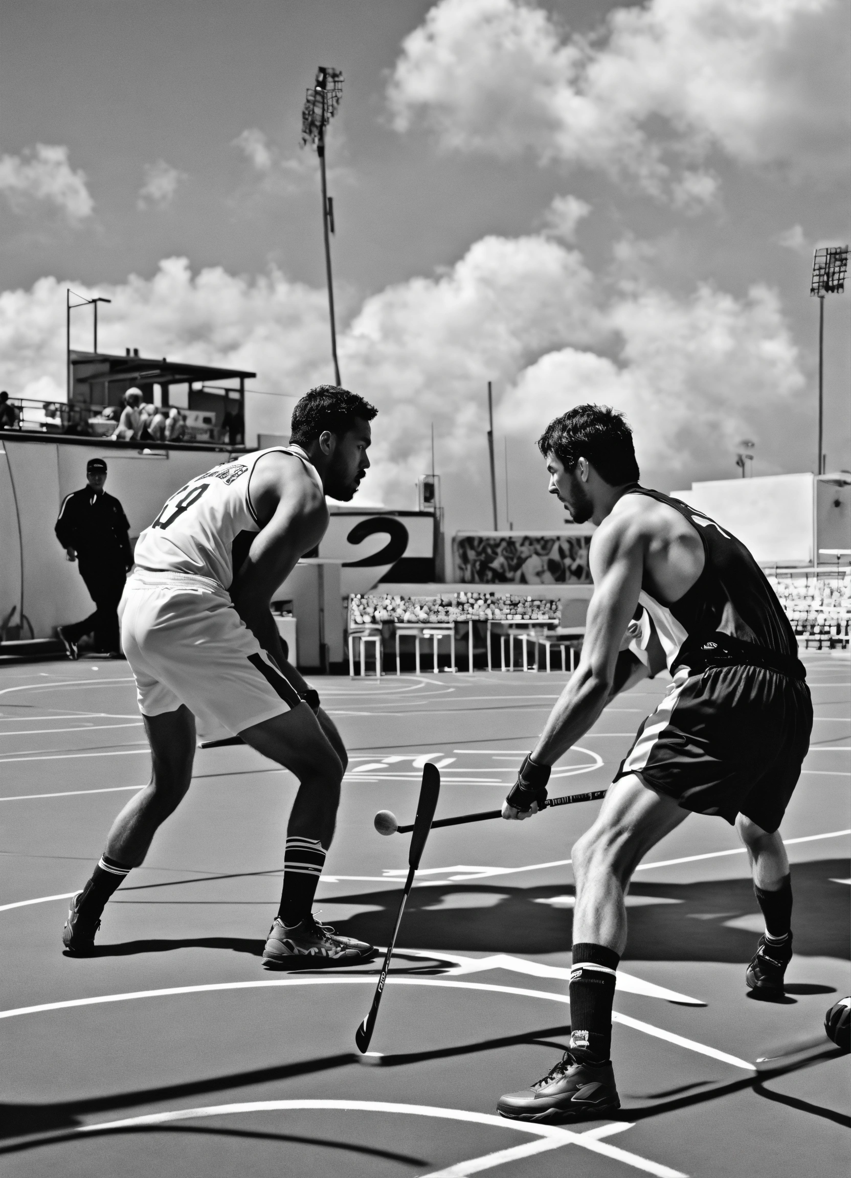 Lexica - A black and white illustration 2 men having a faceoff