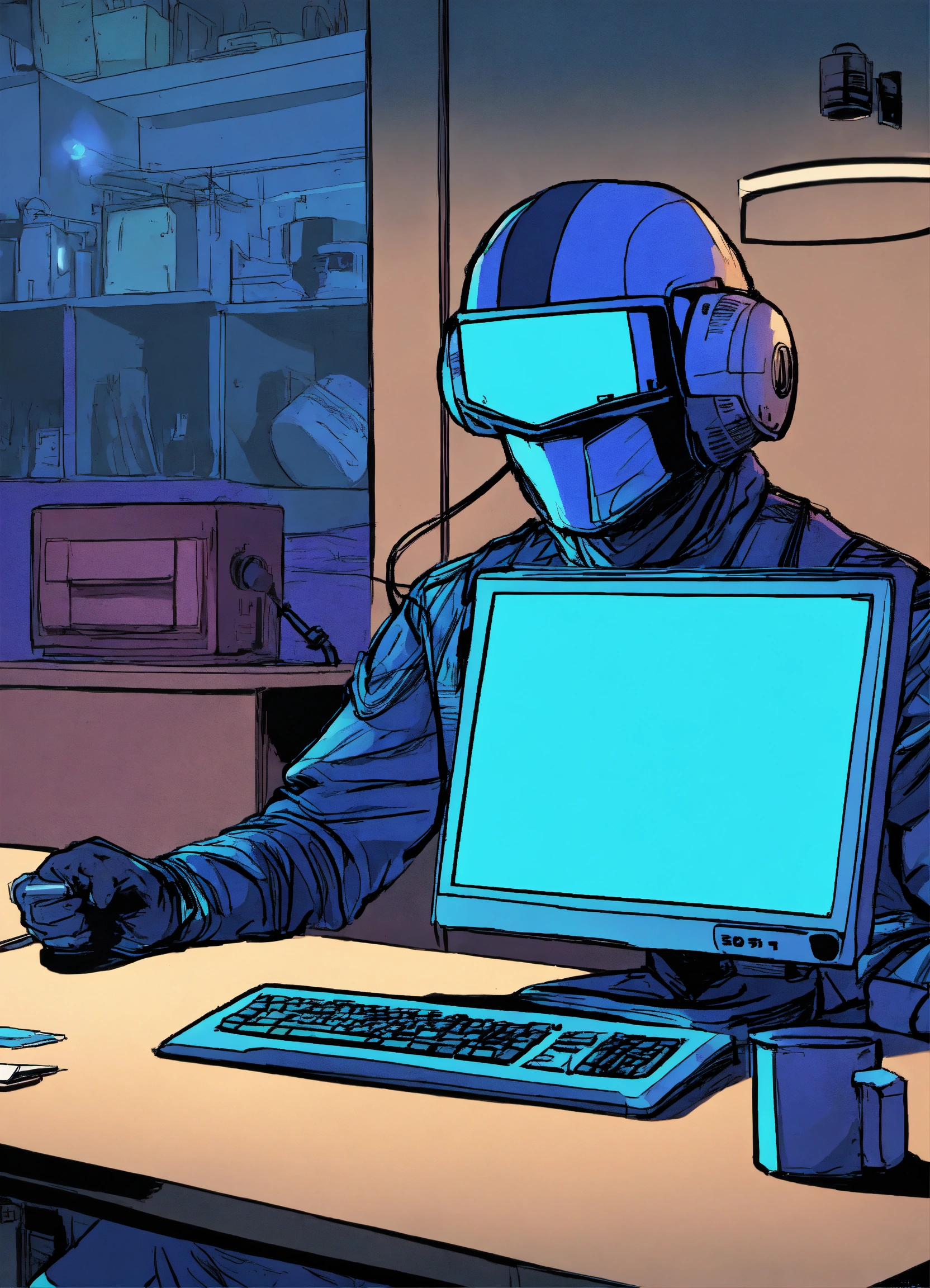 Lexica - A comic drawing Man sitting in front of a computer with a blue ...