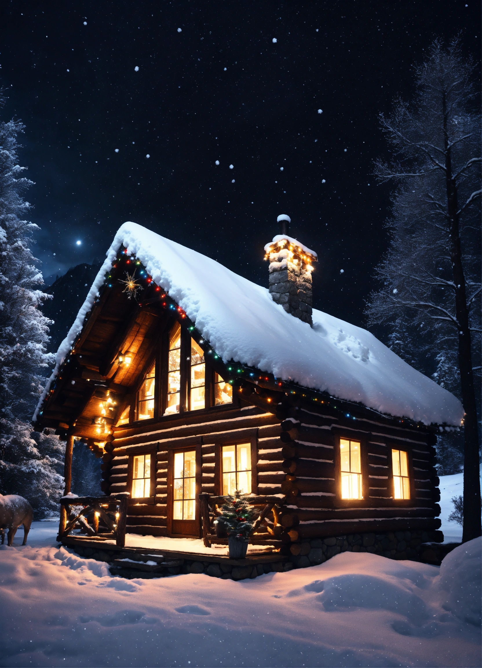 Lexica - Quaint log cabin in the mountains with Christmas lights on the ...