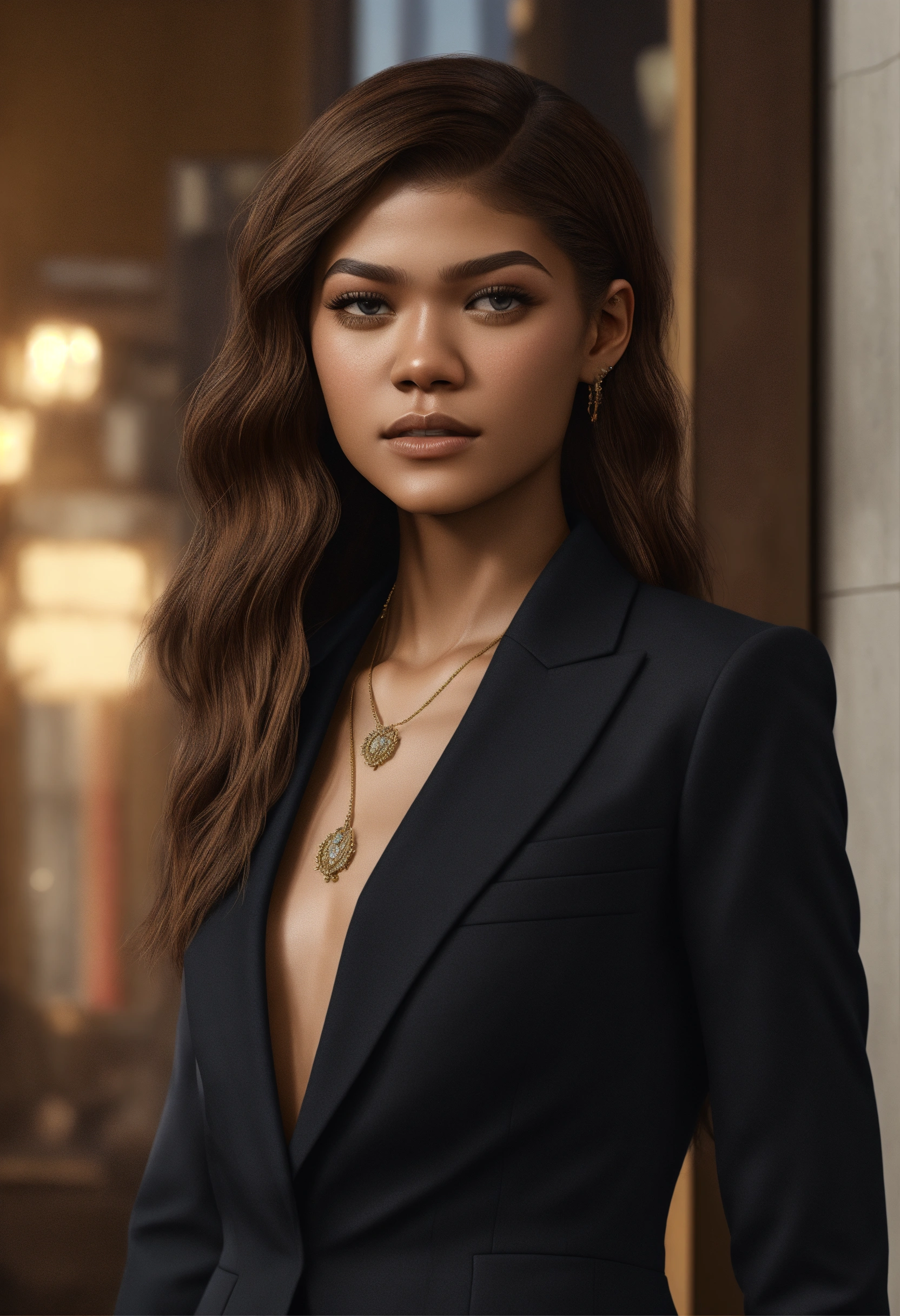 Lexica - Full body portrait, Zendaya, straight hair, black business