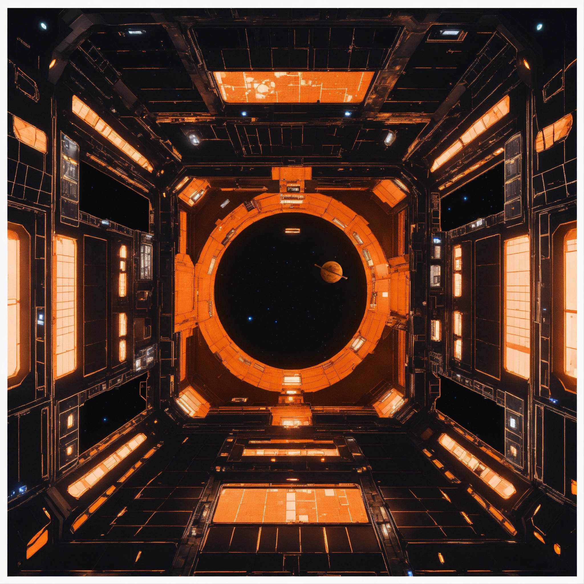 Lexica - Entire giant orange space station in dark space from top with ...