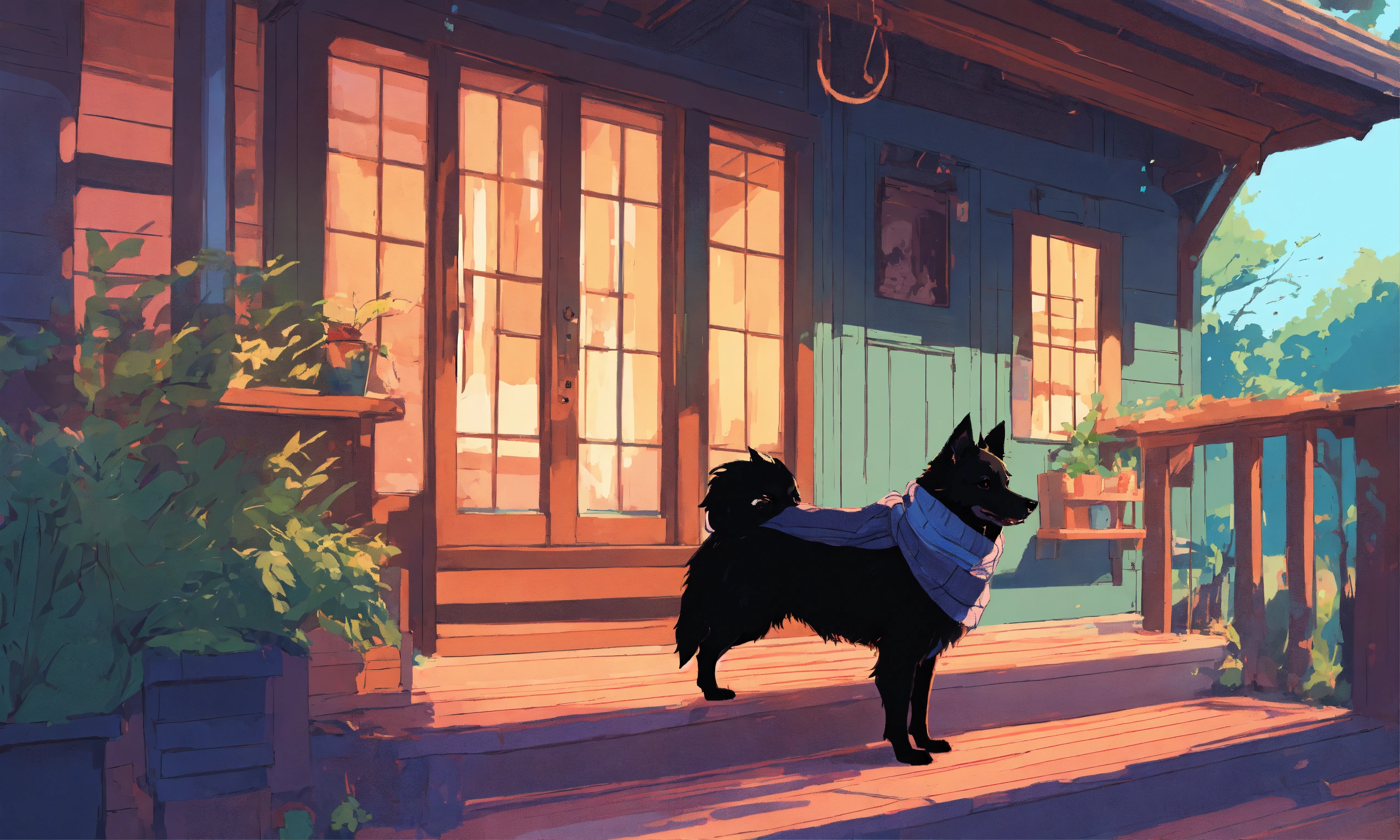Lexica - Digital art of a schipperke on a porch, wearing a scarf around ...