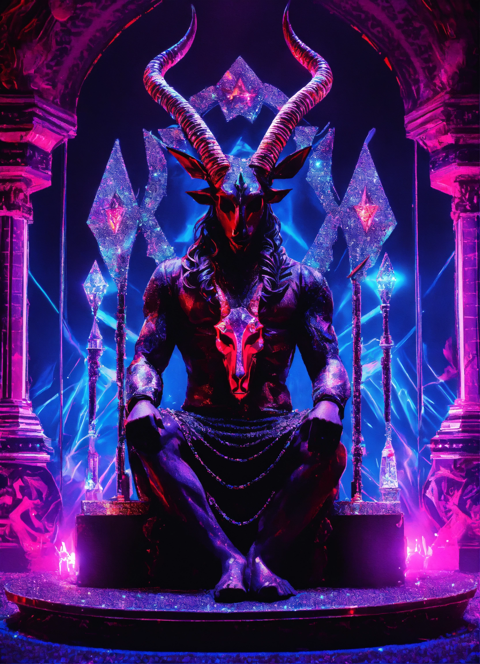Lexica - Baphomet made of diamonds and glitter black neon light DMT throne