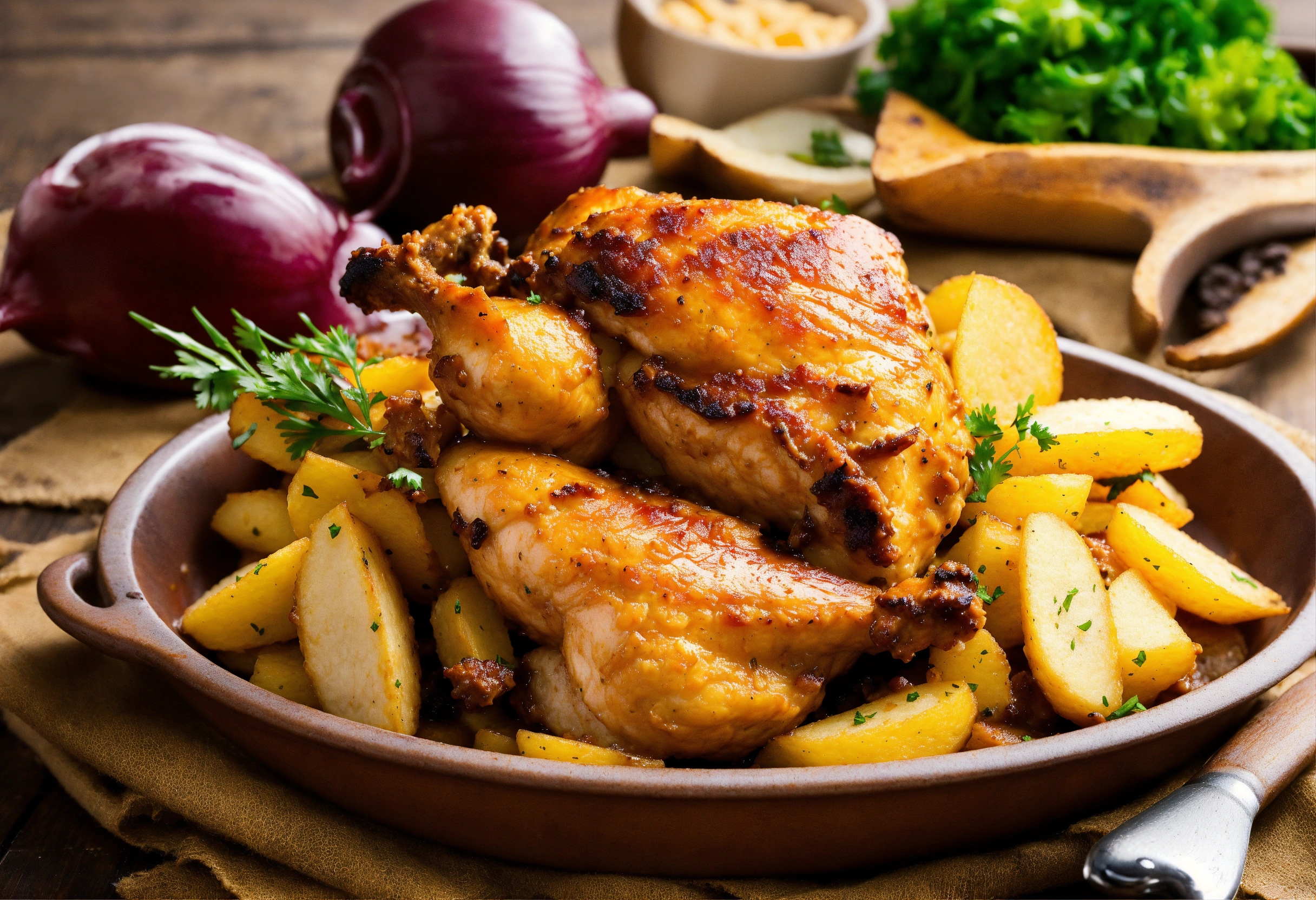 Lexica - Imagen fotografica de pollo roztizado con papitas enteras