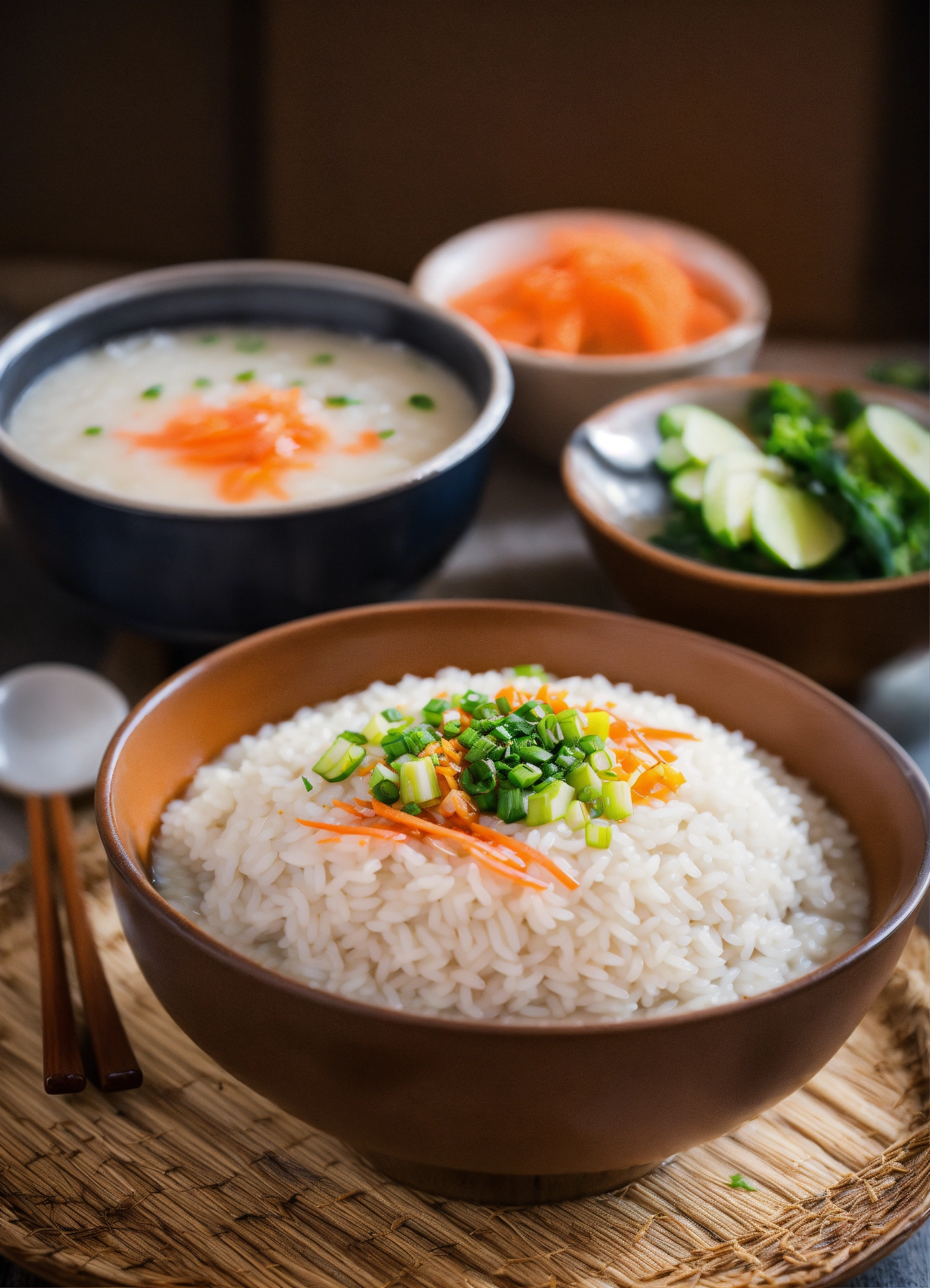 Lexica - A bowl of rice congee with a rice cooker in the background