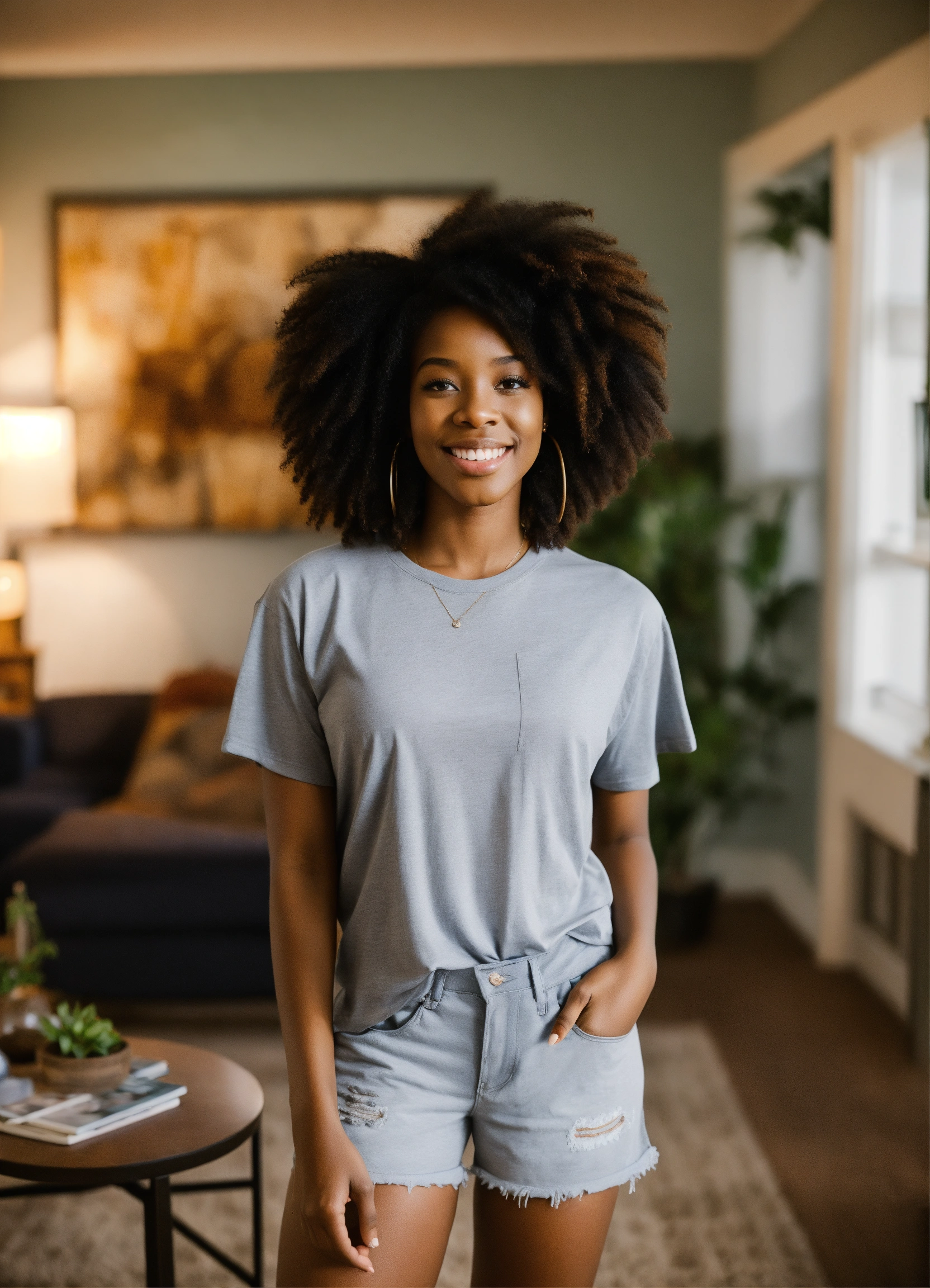 Lexica - Black female, natural hair, tee shirt and shorts, standing in ...