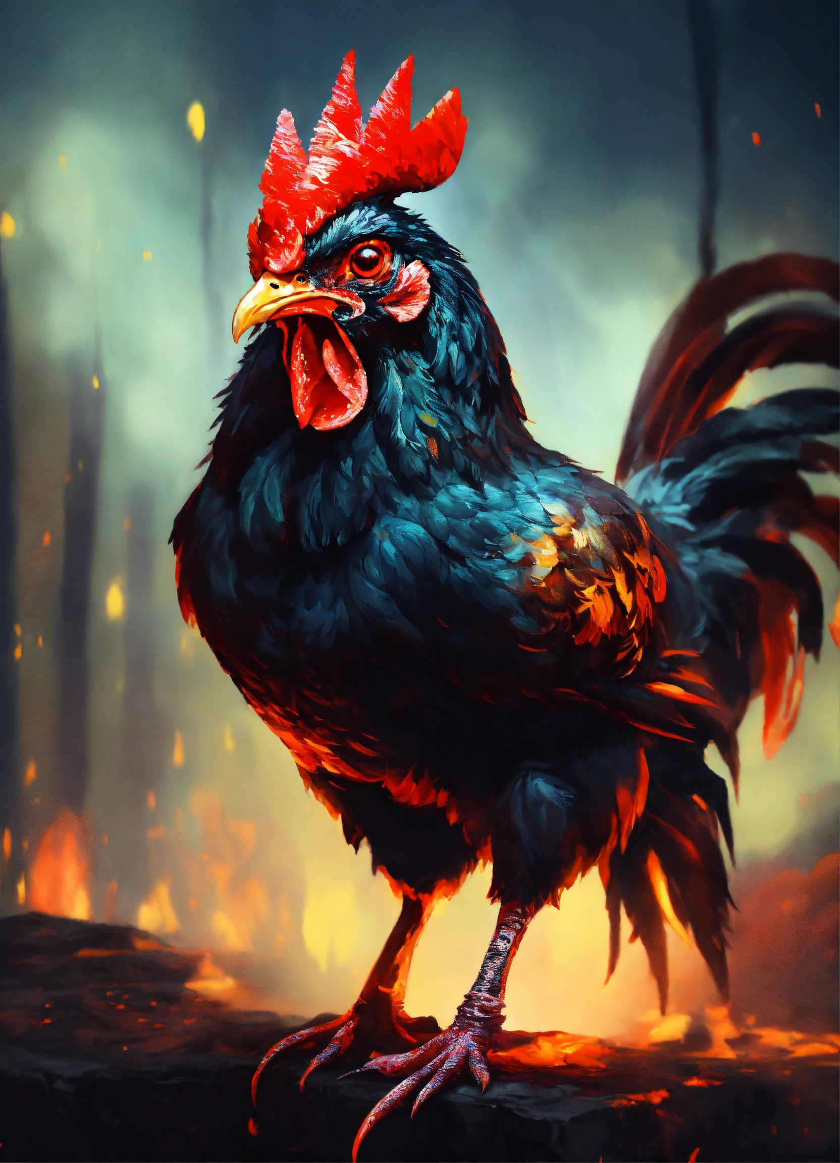 Lexica - A demonic chicken with red glowing eyes in an oil paint style