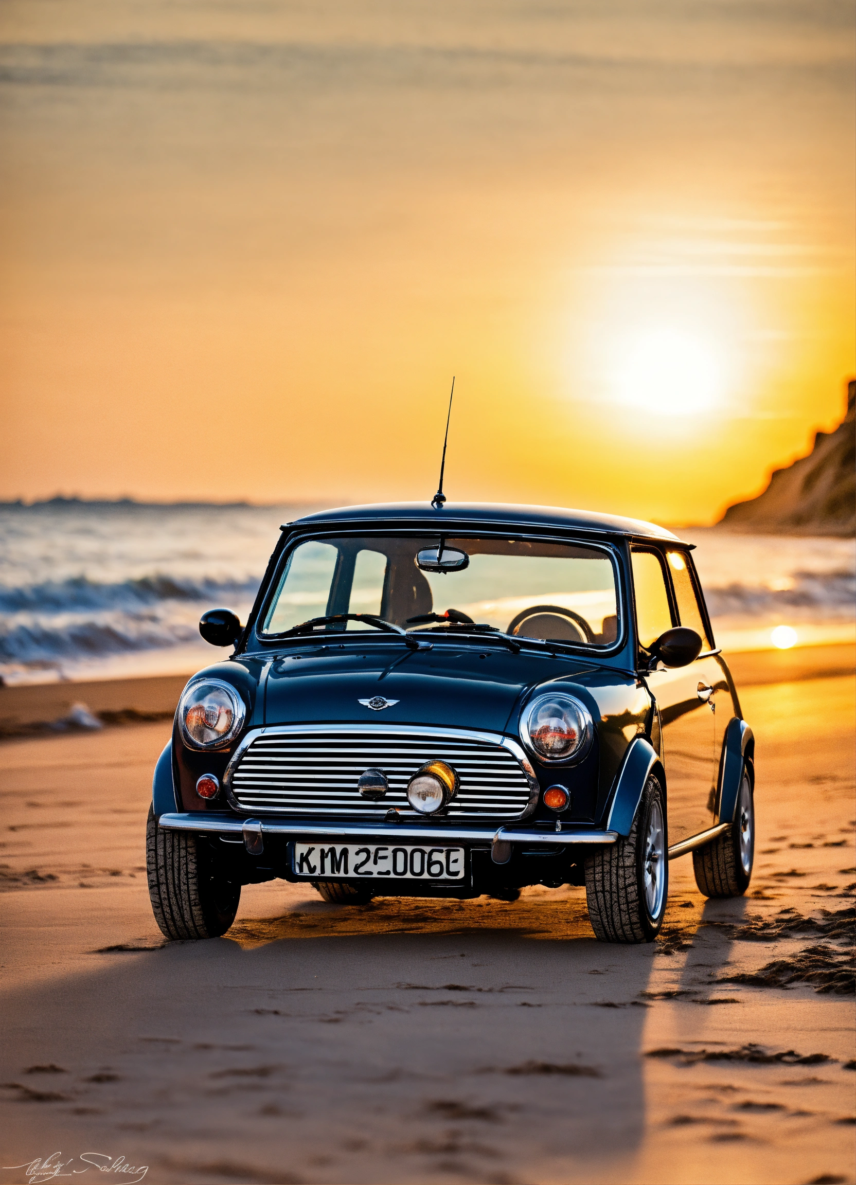 Lexica - Mini cooper am strand beim sonnenuntergang