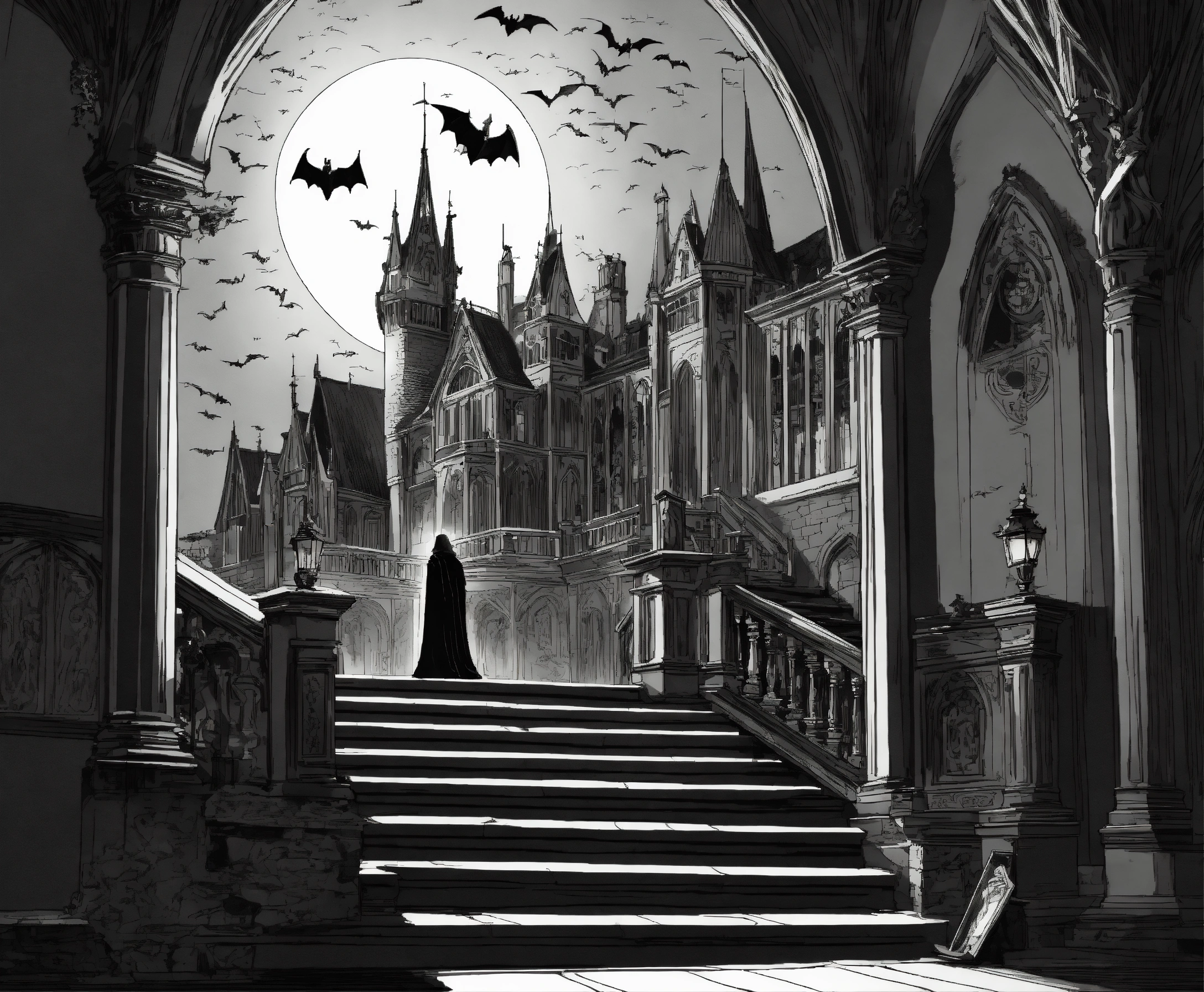Lexica - Line art deep engraving; count Dracula in an old gothic castle ...